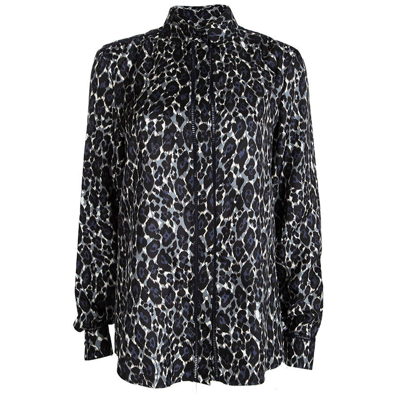Pre Owned Salvatore Ferragamo Multicolor Printed Silk Ladder Lace Insert Long Sleeve Shirt M