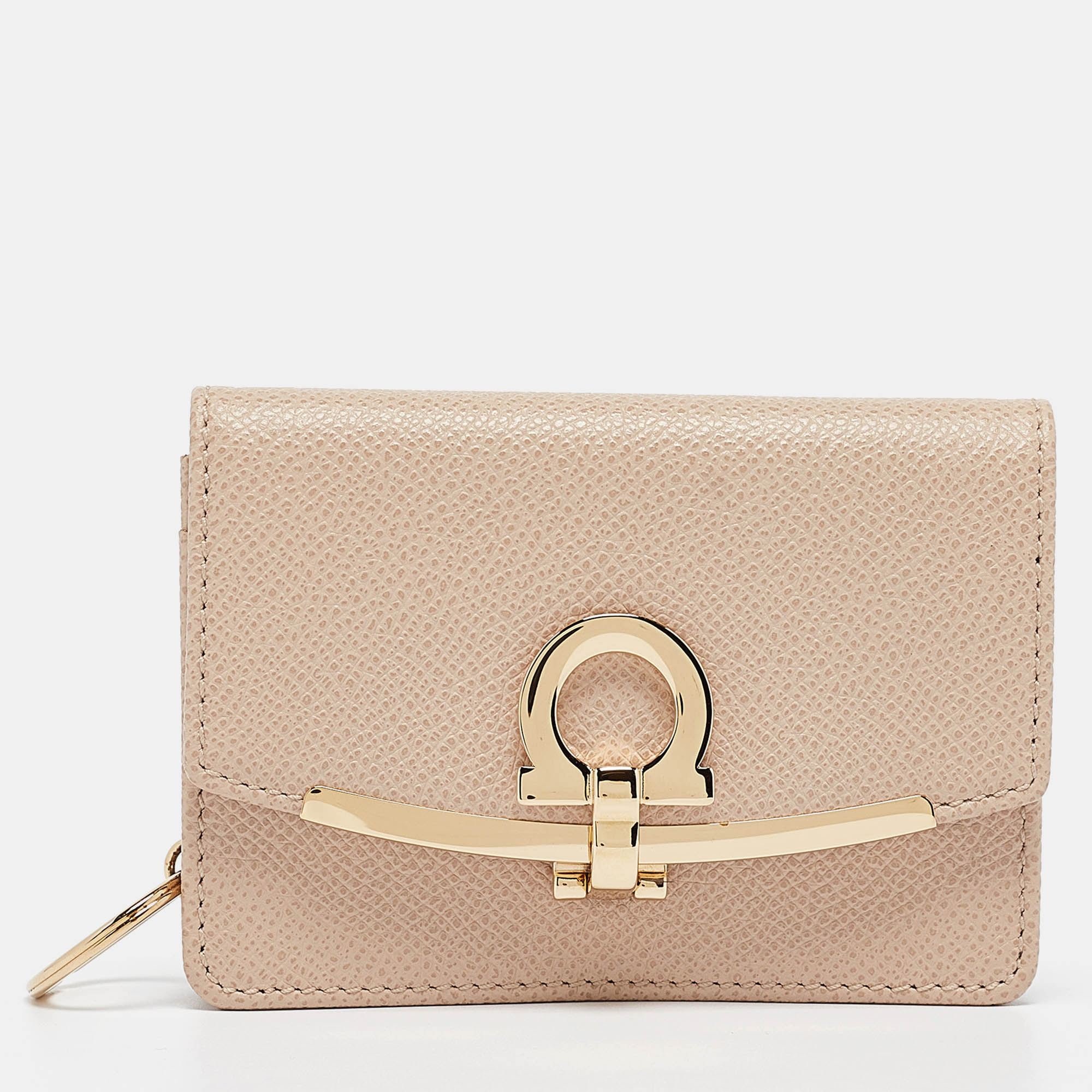 Pre Owned Salvatore Ferragamo Beige Leather Gancini Business Card Holder