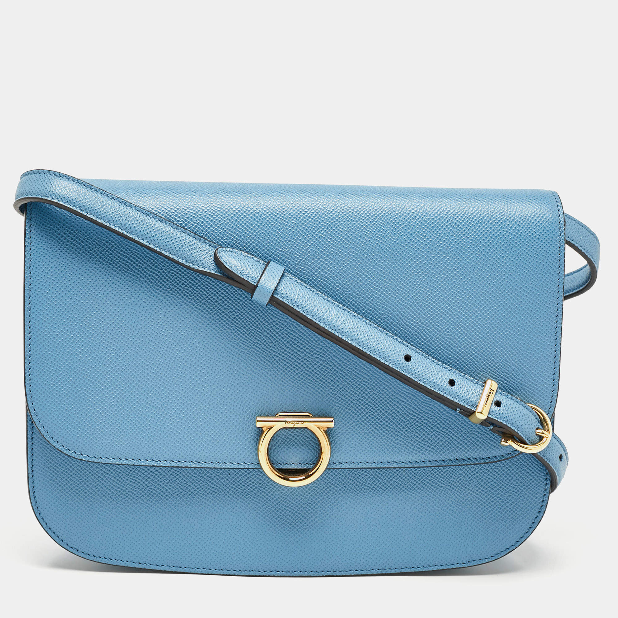 Salvatore Ferragamo Light Blue Leather Gancini Rounded Flap Crossbody Bag
