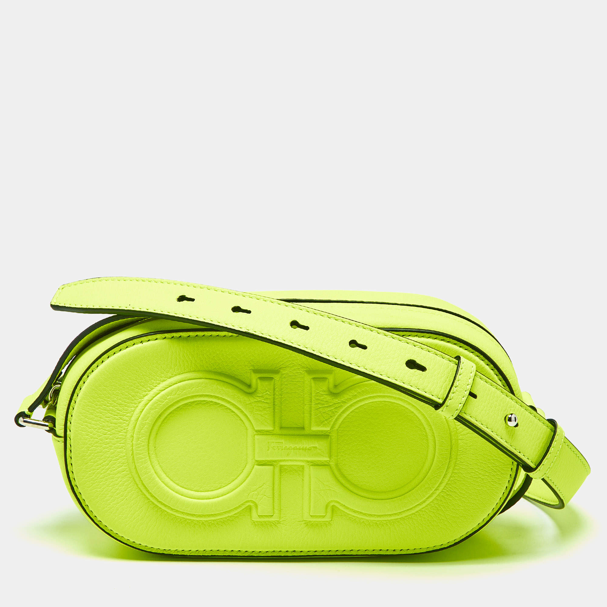 Pre Owned Salvatore Ferragamo Neon Green Leather Double Gancio Crossbody Bag