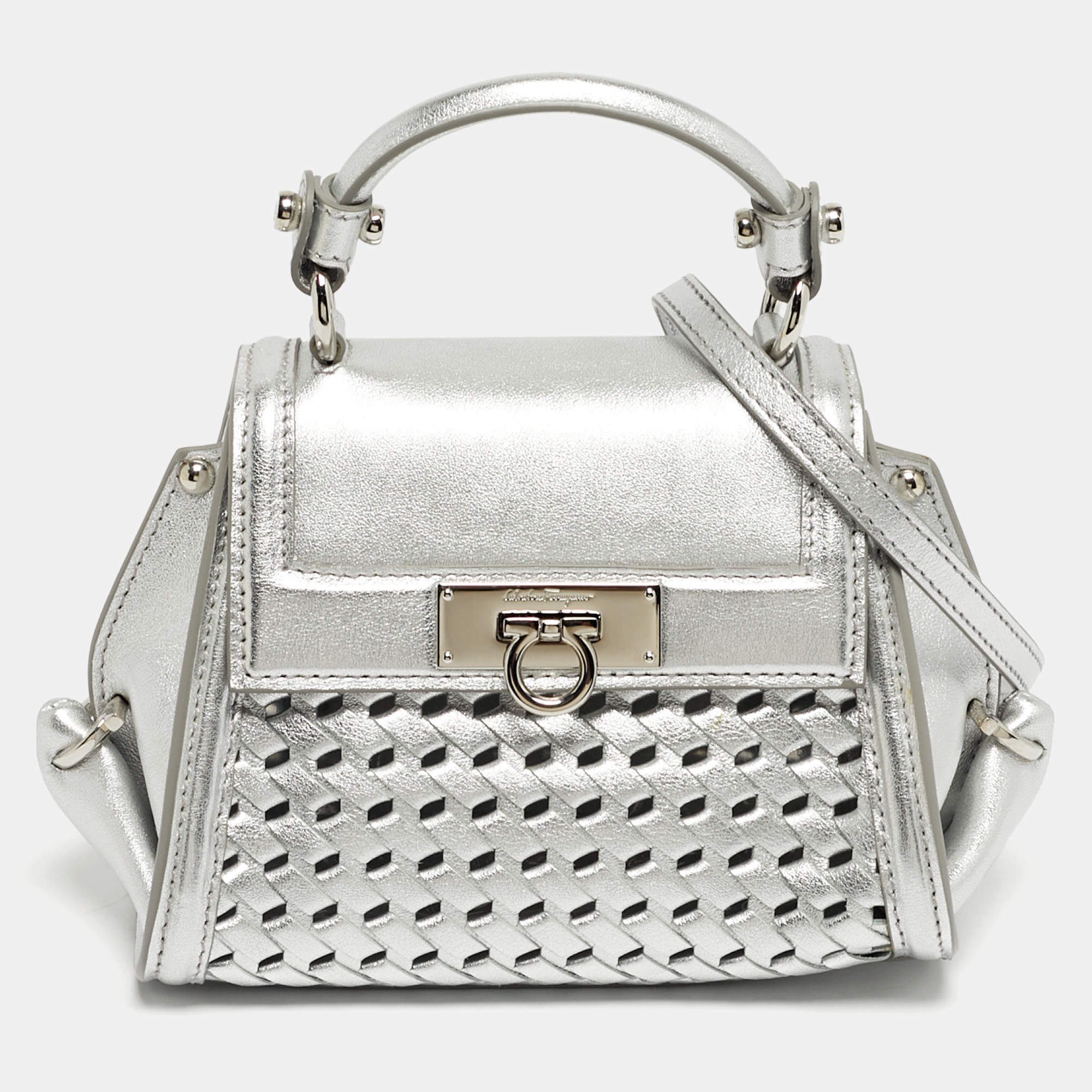 Pre Owned Salvatore Ferragamo Silver Woven Effect Leather Mini Sofia Top Handle Bag