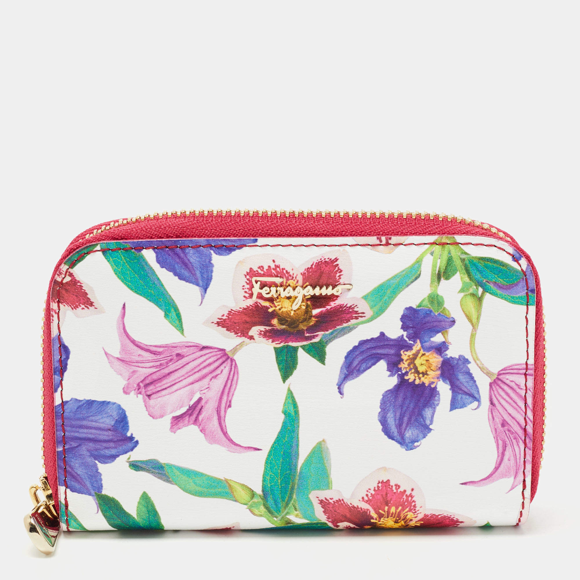 Pre Owned Salvatore Ferragamo Multicolor Floral Print Leather Zip Around Compact Wallet