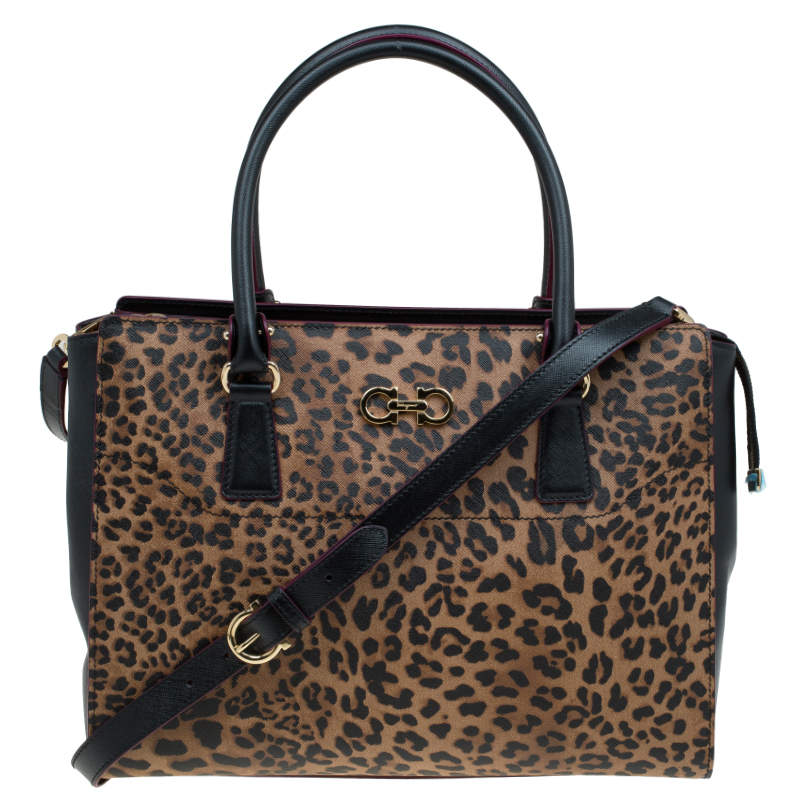 مملوكة مسبقًا حقيبة يد سالفاتوري فيراغامو بيكي كبيرة جلد منقوش طباعة فهد