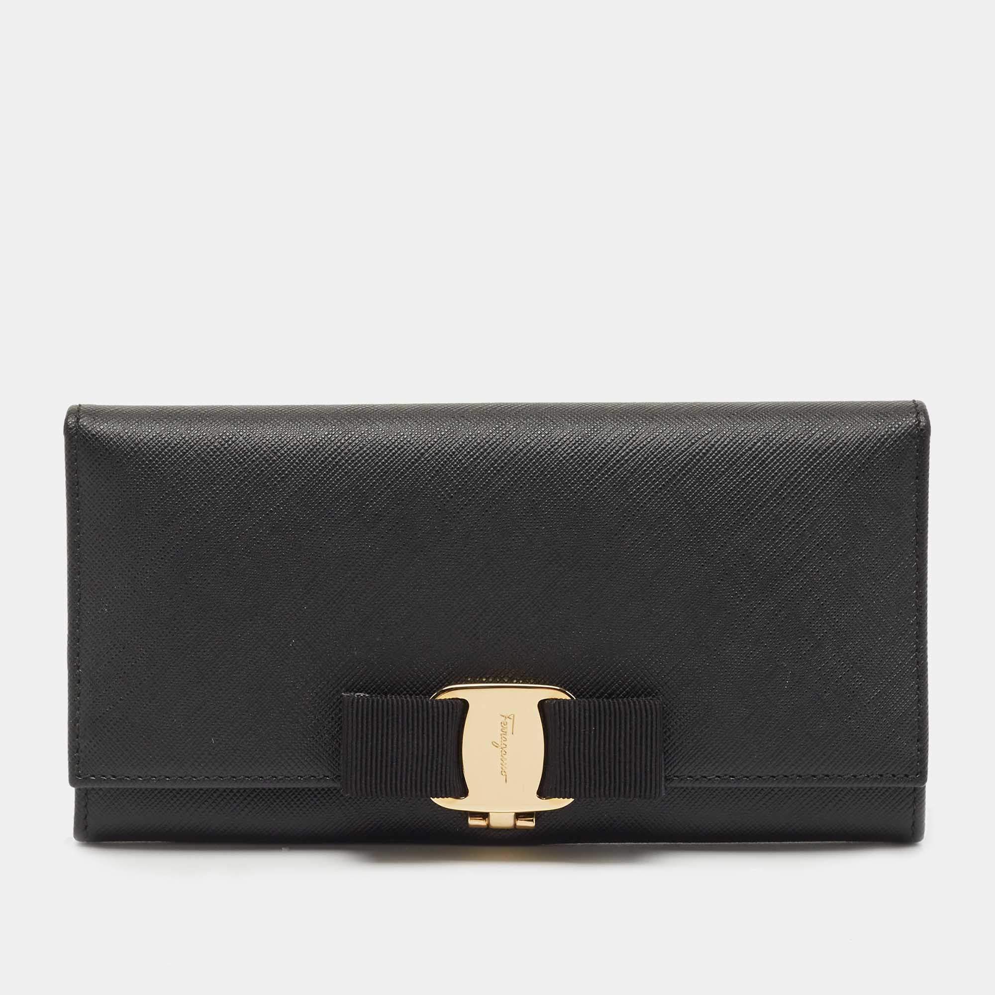 Salvatore Ferragamo Black Leather Vara Bow Continental Wallet