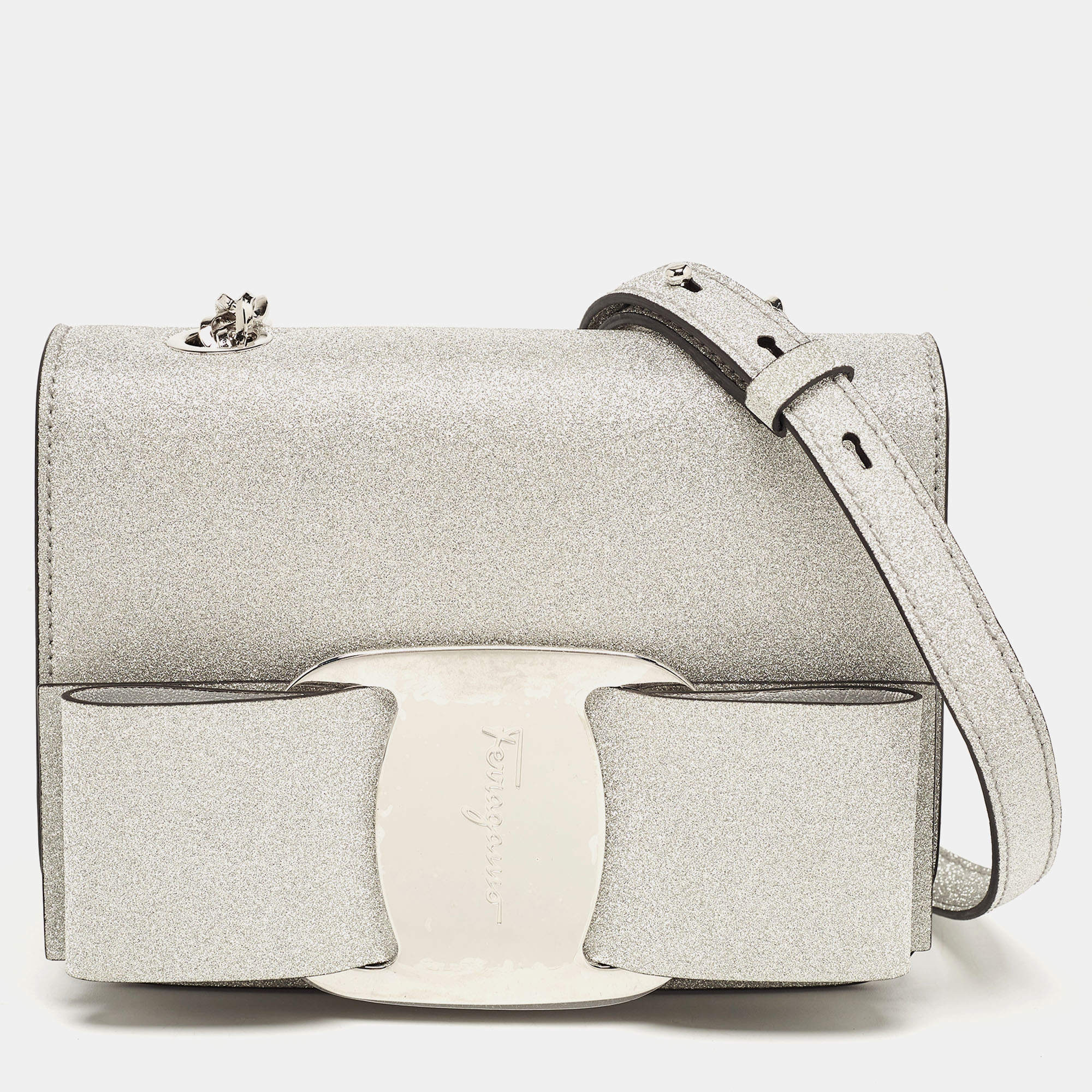 Pre Owned Salvatore Ferragamo Silver Glitter Mini Vara Bow Crossbody Bag
