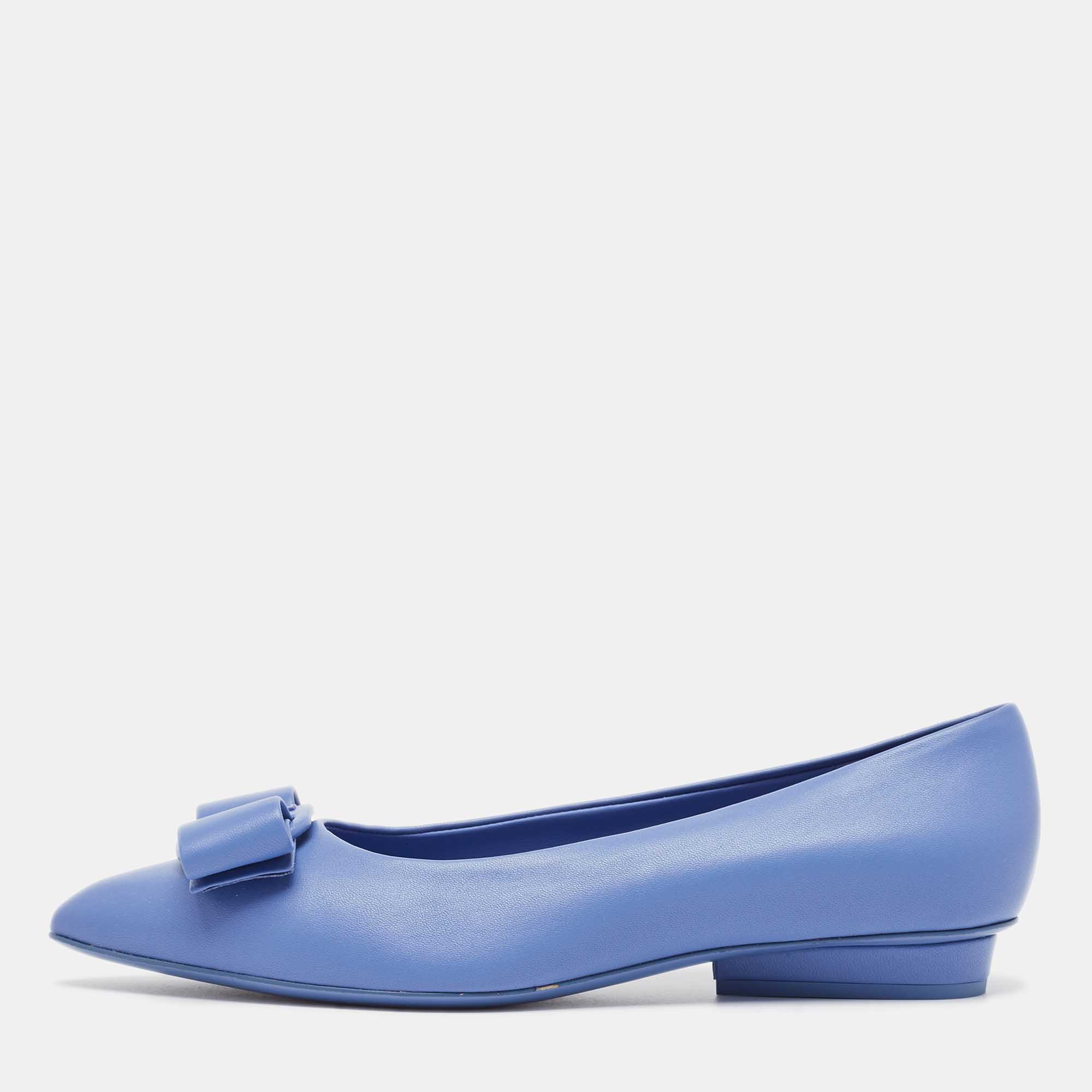 Pre Owned Salvatore Ferragamo Blue Leather Viva Bow Flats Size 37