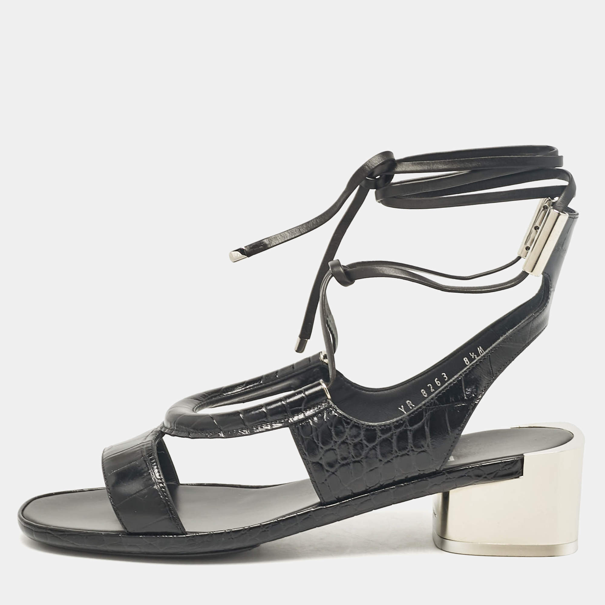 Salvatore Ferragamo Black Croc Embossed Leather Glorja Ankle Strap Sandals Size 39