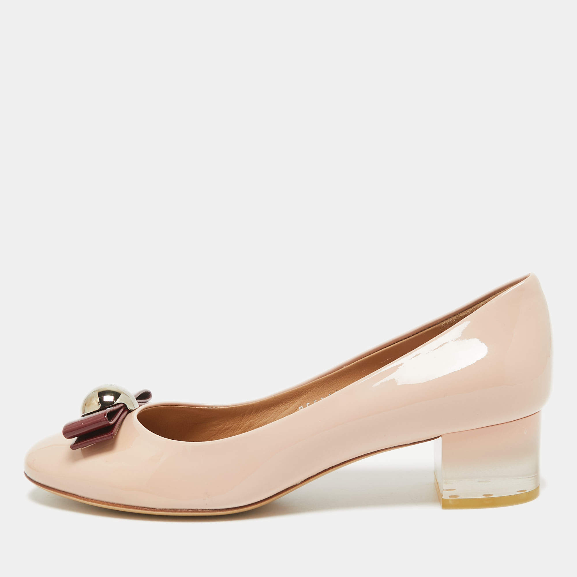 Salvatore Ferragamo Beige Patent Leather Missy Block Heel Pumps Size 40