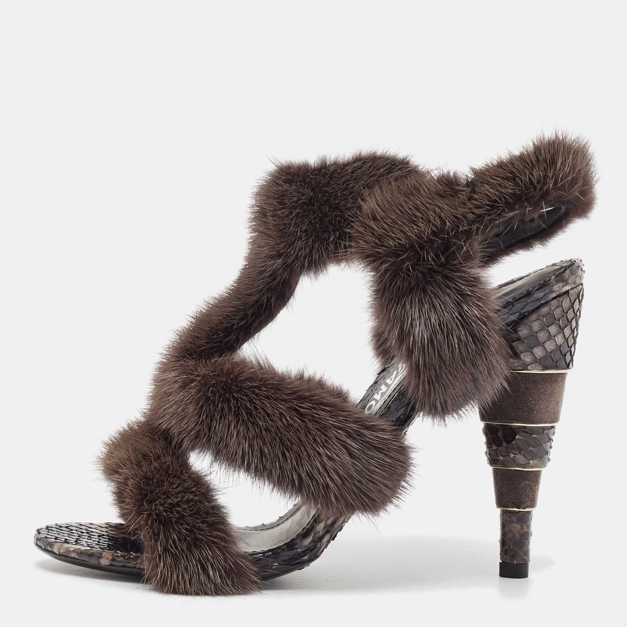 Salvatore Ferragamo Brown Fur and Python Leather Ankle Strap Sandals 38.5