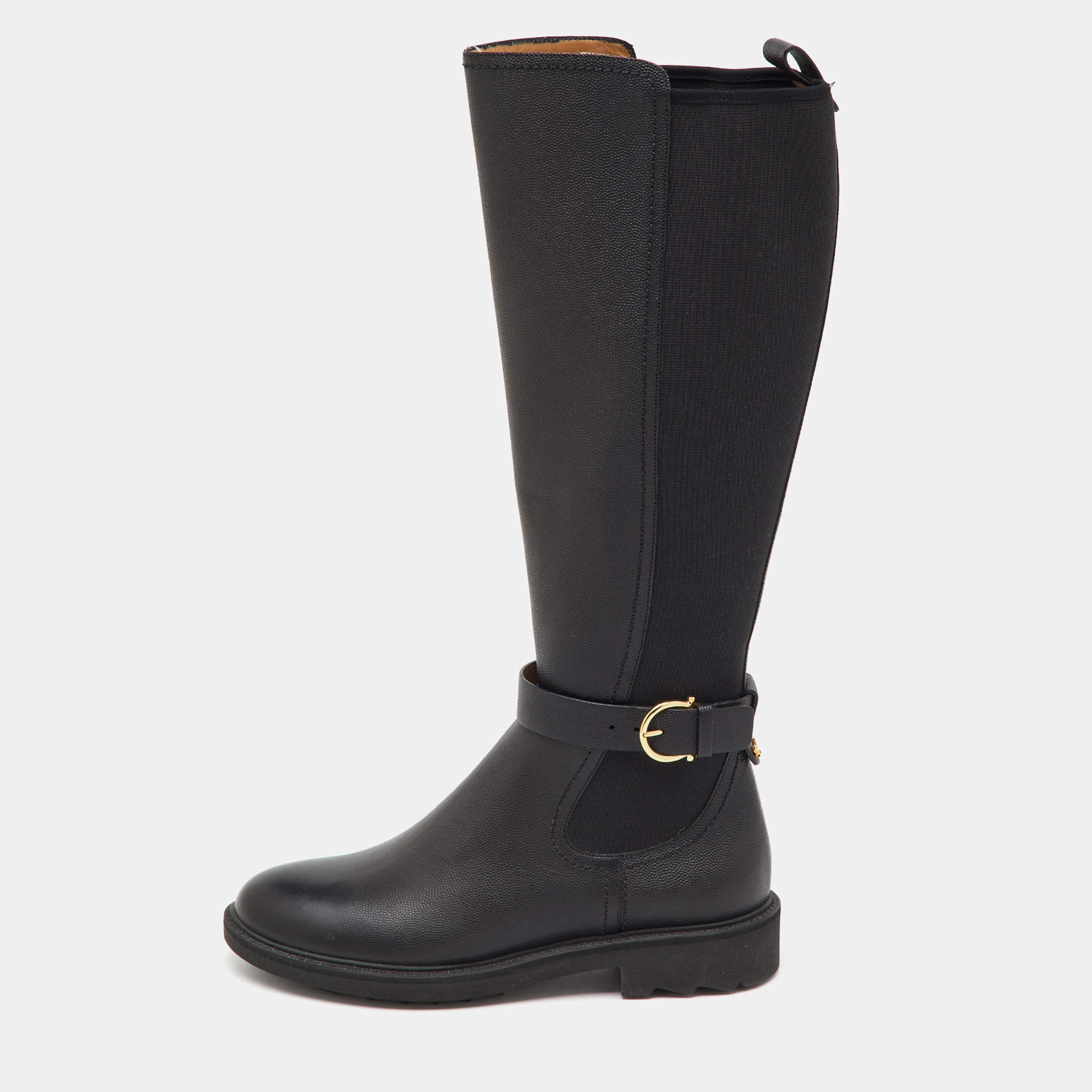 Pre Owned Salvatore Ferragamo Black Leather and Stretch Fabric Furseo Knee Length Boots Size 36.5