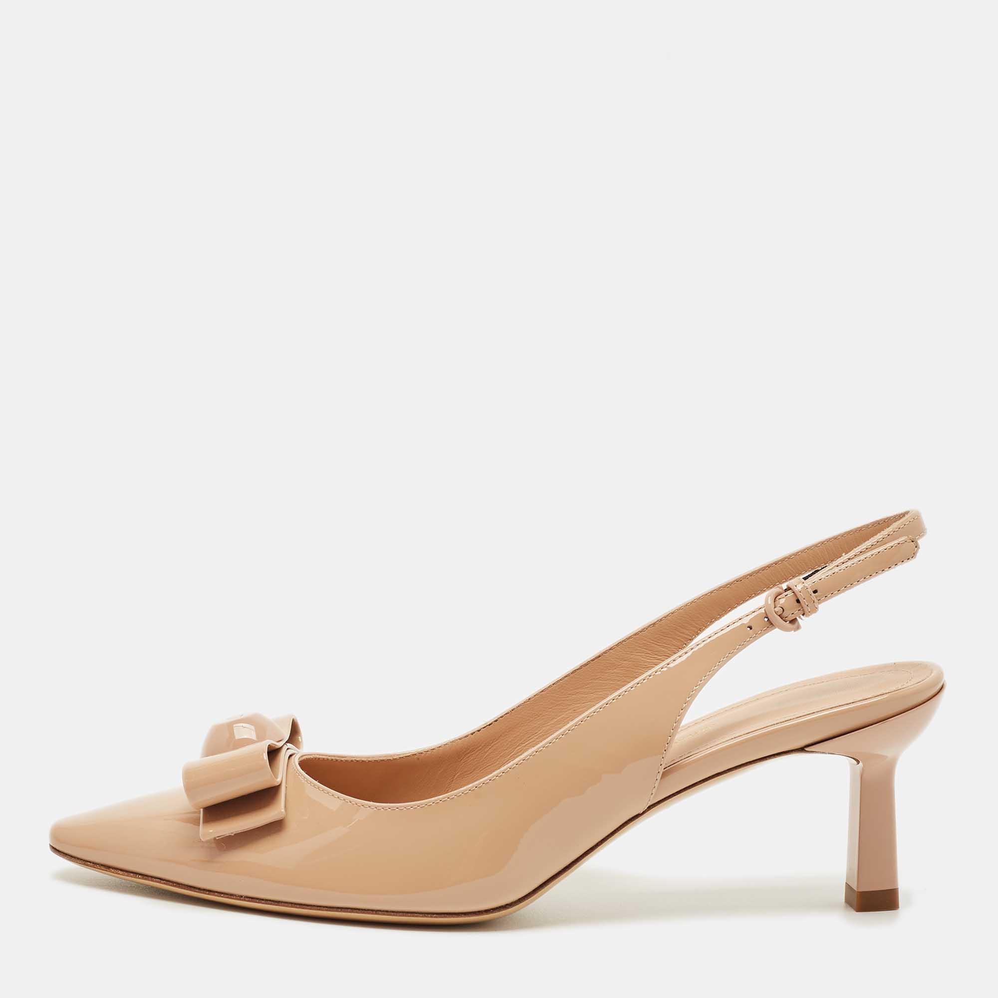 Pre Owned Salvatore Ferragamo Beige Patent Leather Karine Pumps Size 37