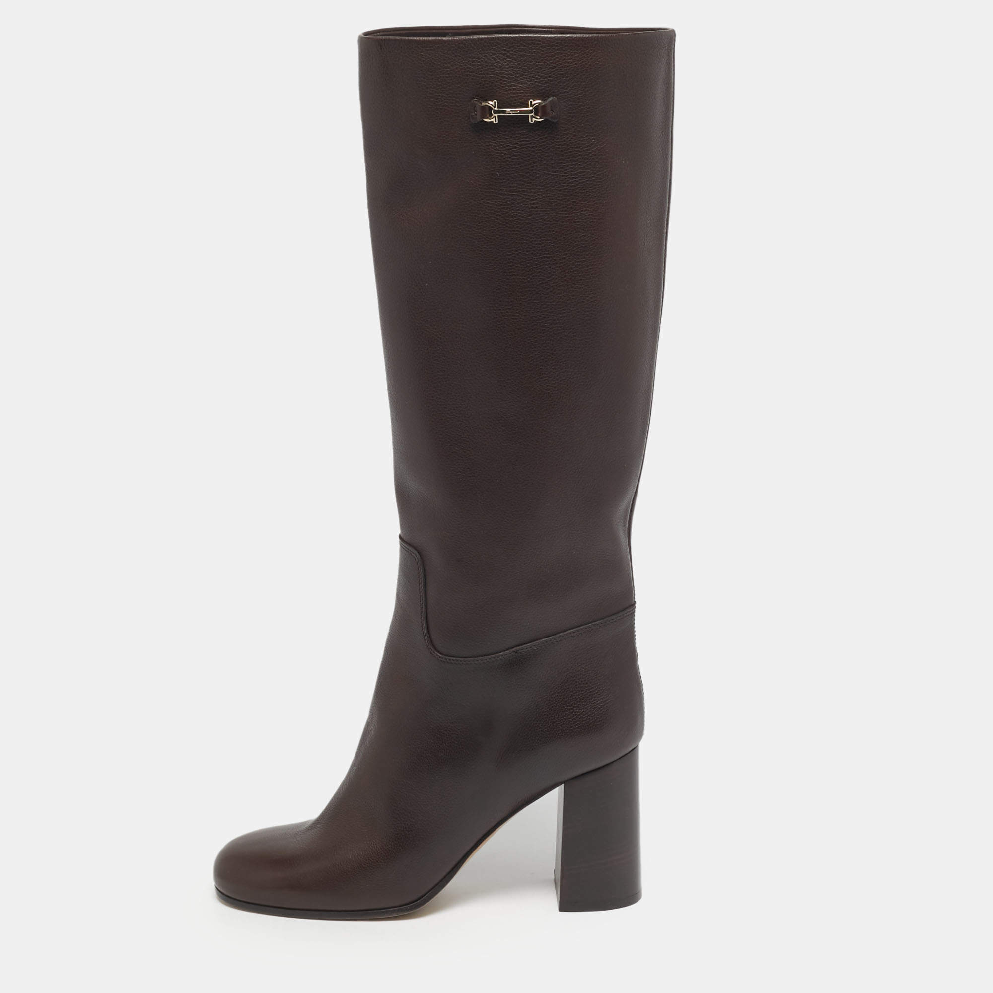 Pre Owned Salvatore Ferragamo Brown Leather Ovidio Knee Length Boots Size 40.5