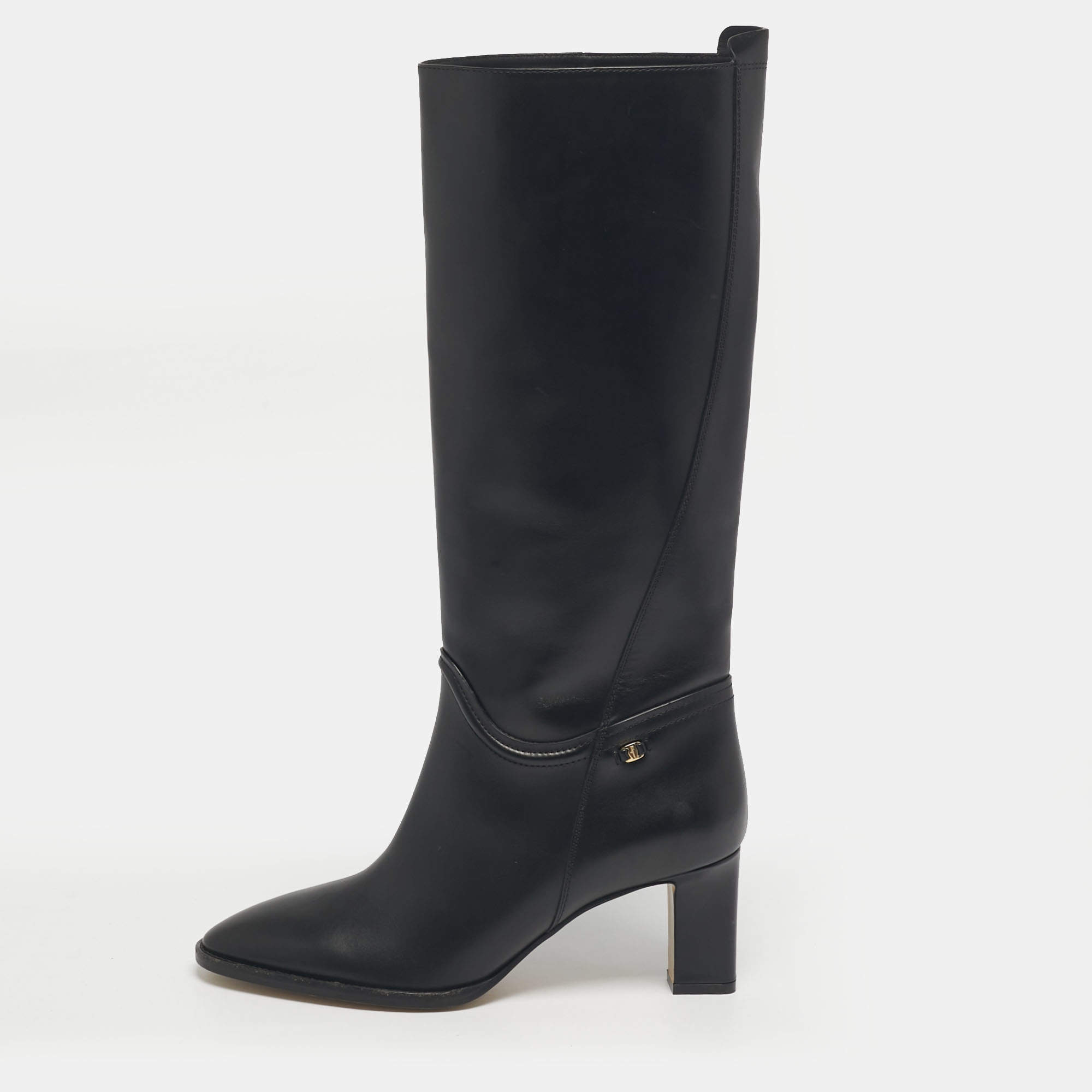 Pre Owned Salvatore Ferragamo Black Leather Torris Knee Length Boots Size 39.5