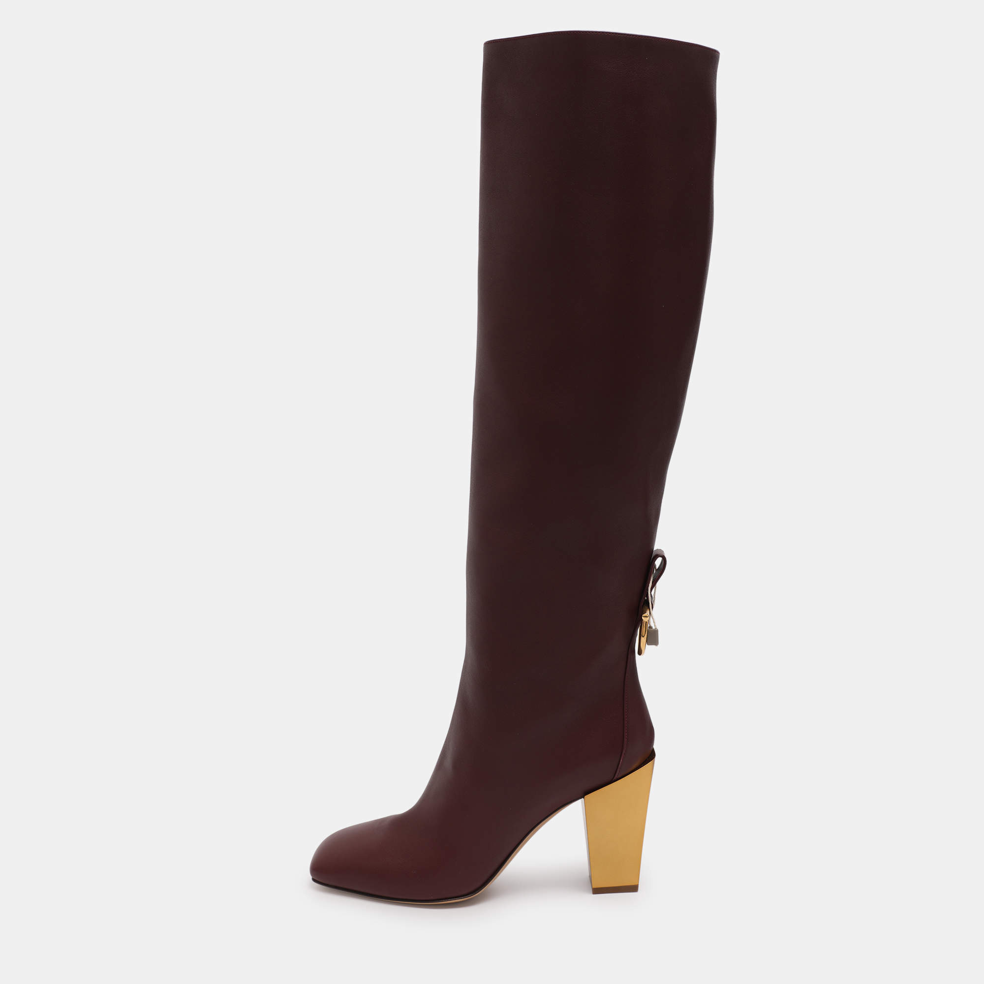 Pre Owned Salvatore Ferragamo Burgundy Leather Blavy Knee Length Boots Size 38.5