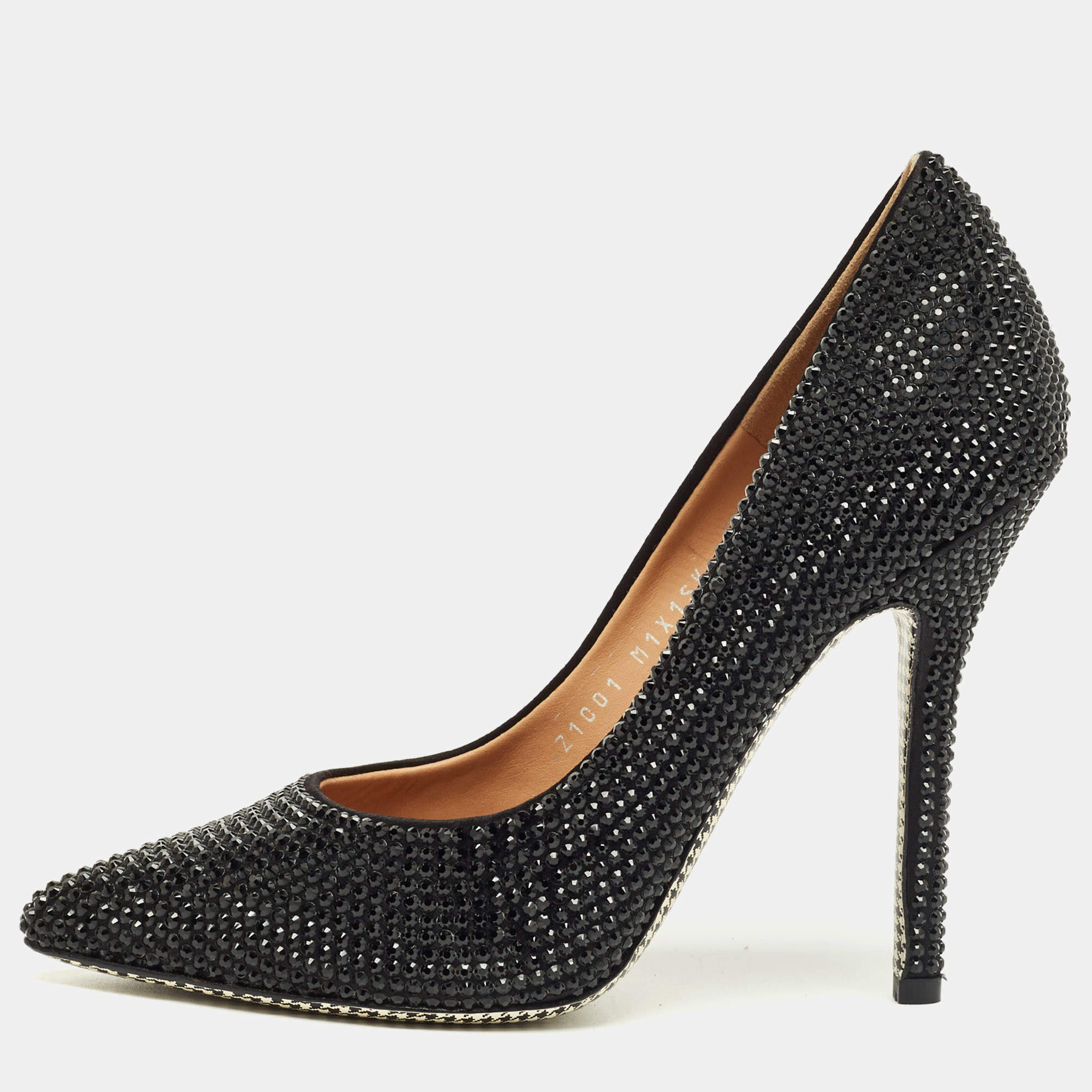 Pre Owned Salvatore Ferragamo Black Satin Crystal Embellished Pointed Toe Pumps Size 37.5