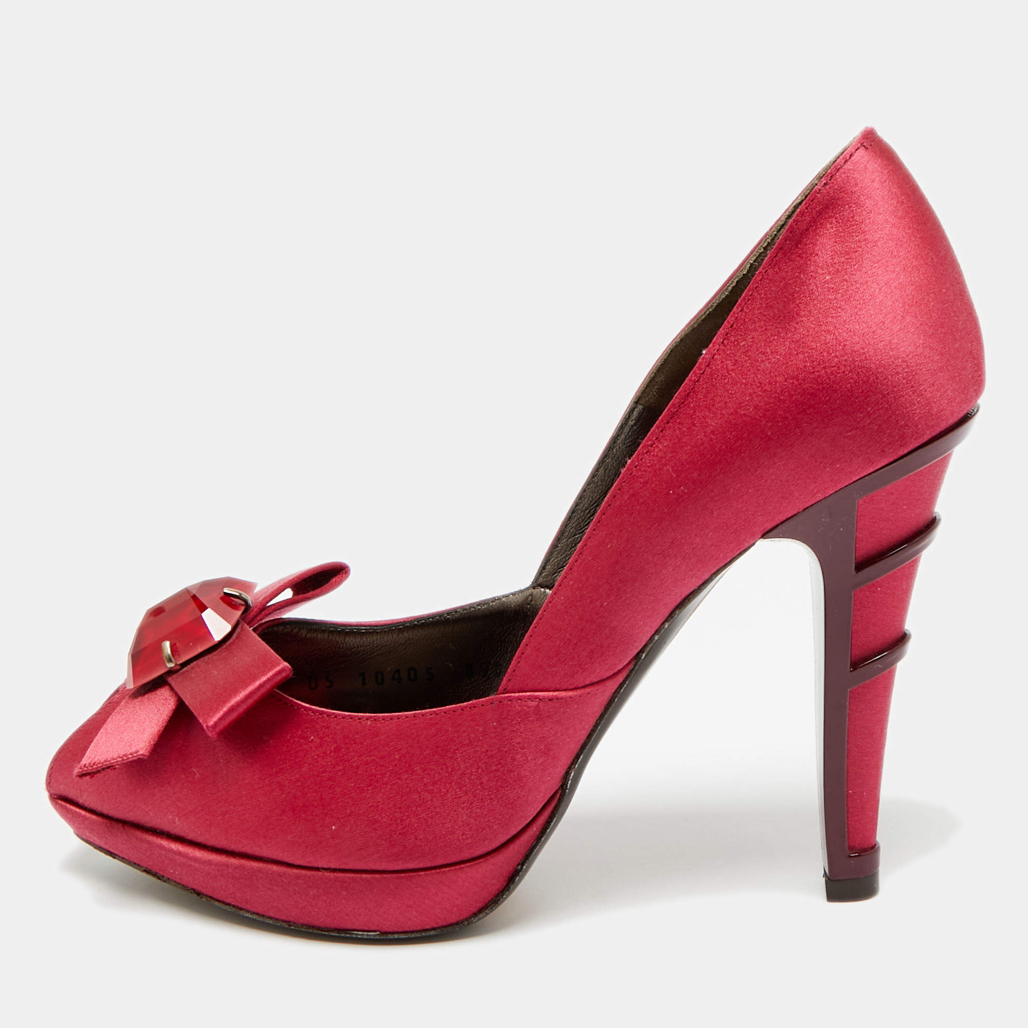 Pre Owned Salvatore Ferragamo Burgundy Satin Crystal Embellished Peep Toe Pumps Size 37