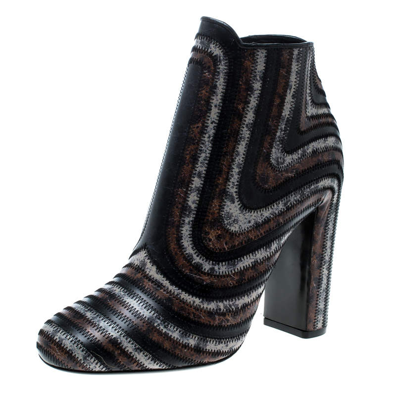 Pre Owned Salvatore Ferragamo Multicolor Leather Feeling Zig Zag Block Heel Ankle Boots Size 39.5