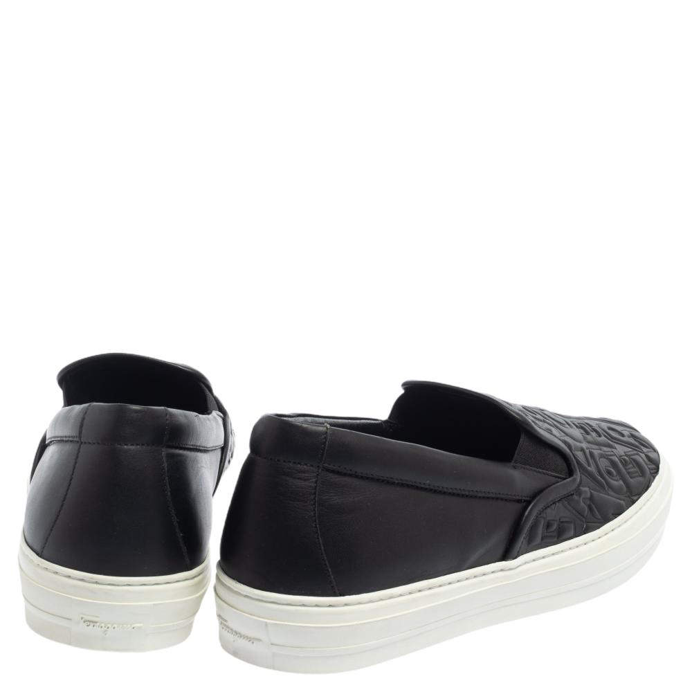 Salvatore Ferragamo Black Leather Logo Embossed Slip On Sneakers Size 40.5 Salvatore  Ferragamo