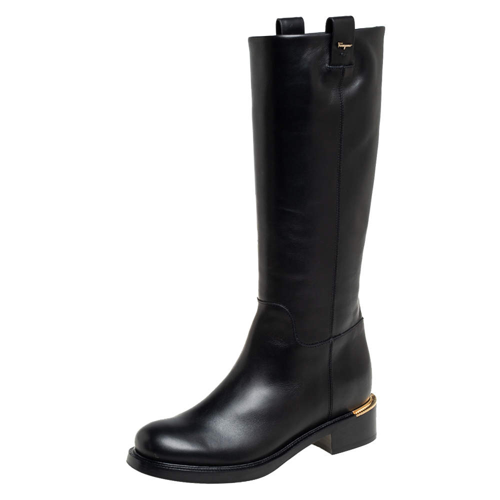 Pre Owned Salvatore Ferragamo Black Leather Liam Knee Length Boots Size 36.5
