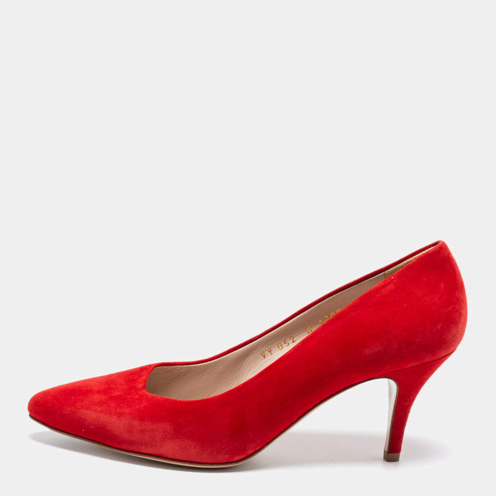 Pre Owned حذاء كعب عالي سالفاتوري فيراغامو سويدي أحمر مقدمة مدببة مقاس 37