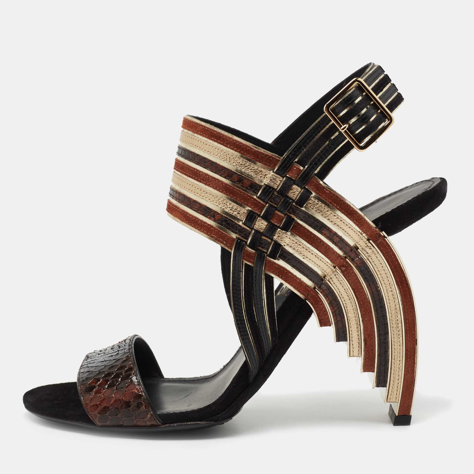 Pre Owned Salvatore Ferragamo Multicolor Striped Python and Suede Lenny Geometric Sandals Size 38.5