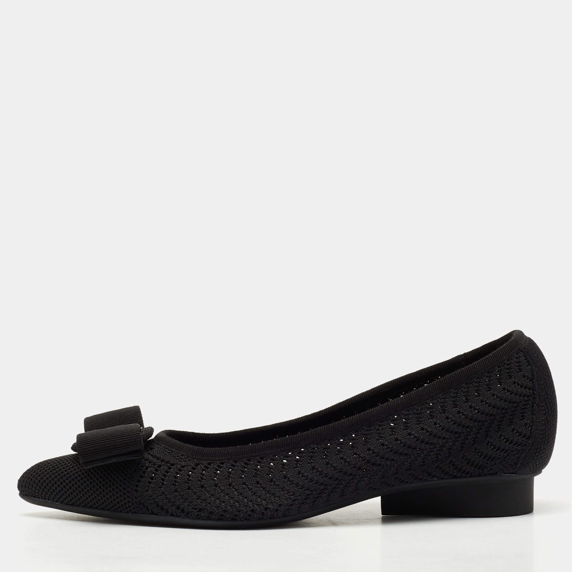 Pre Owned Salvatore Ferragamo Black Knit Fabric Viva Bow Ballet Flats Size 38.5