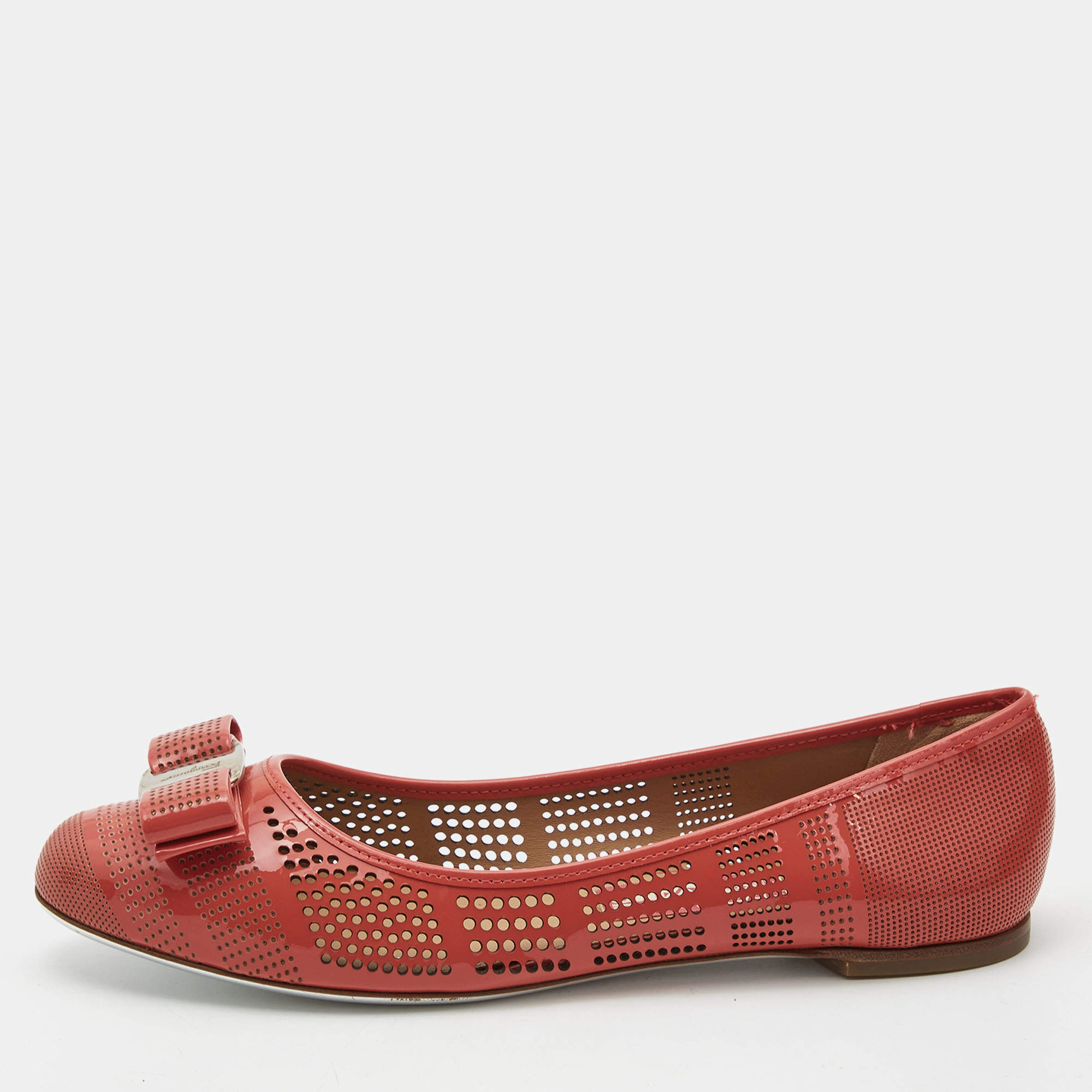 Pre Owned Salvatore Ferragamo Orange Patent Leather  Vara Bow Ballet Flats Size 39.5