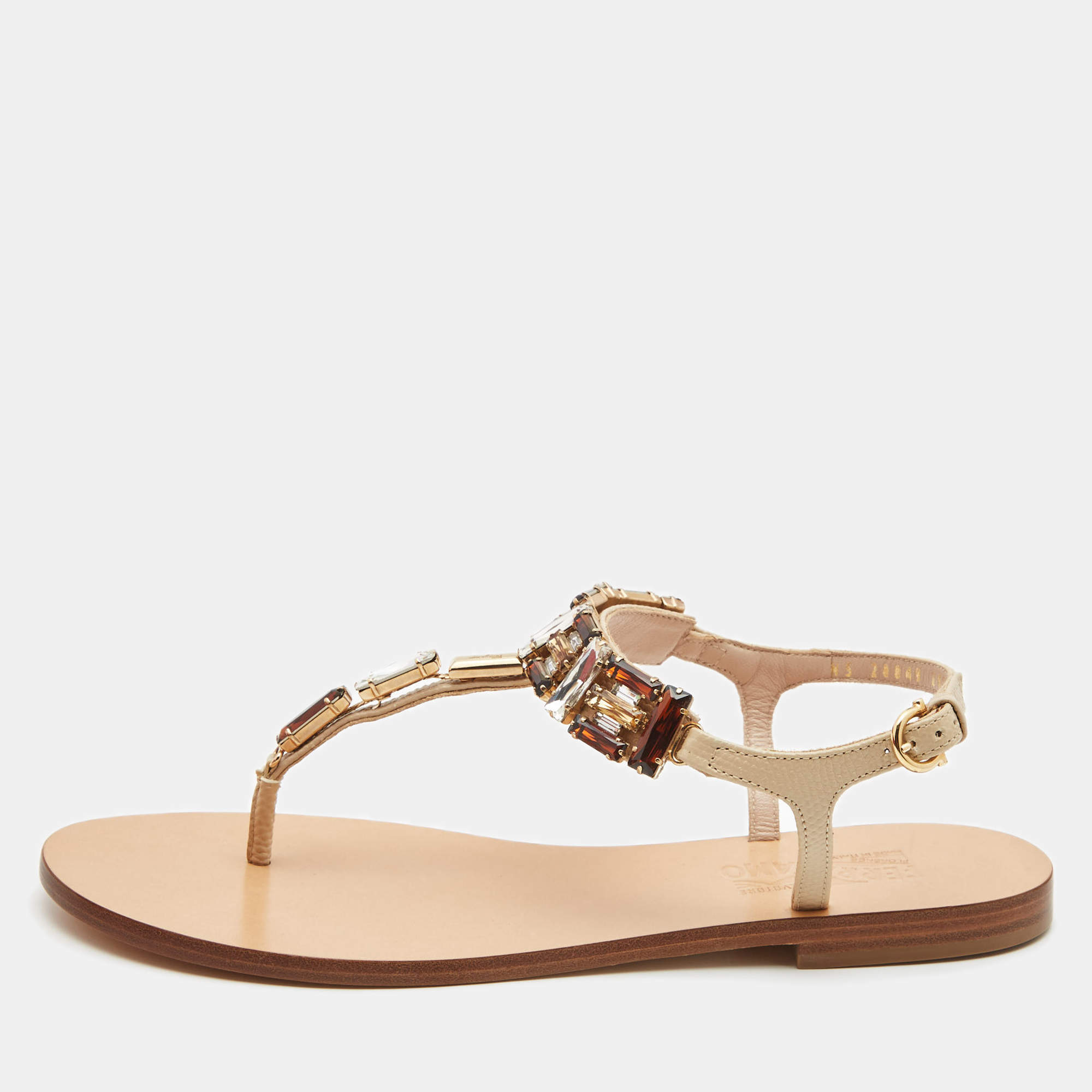 مملوكة مسبقًا Salvatore Ferragamo Beige Leather Embellished T Strap Sandals Size 37.5