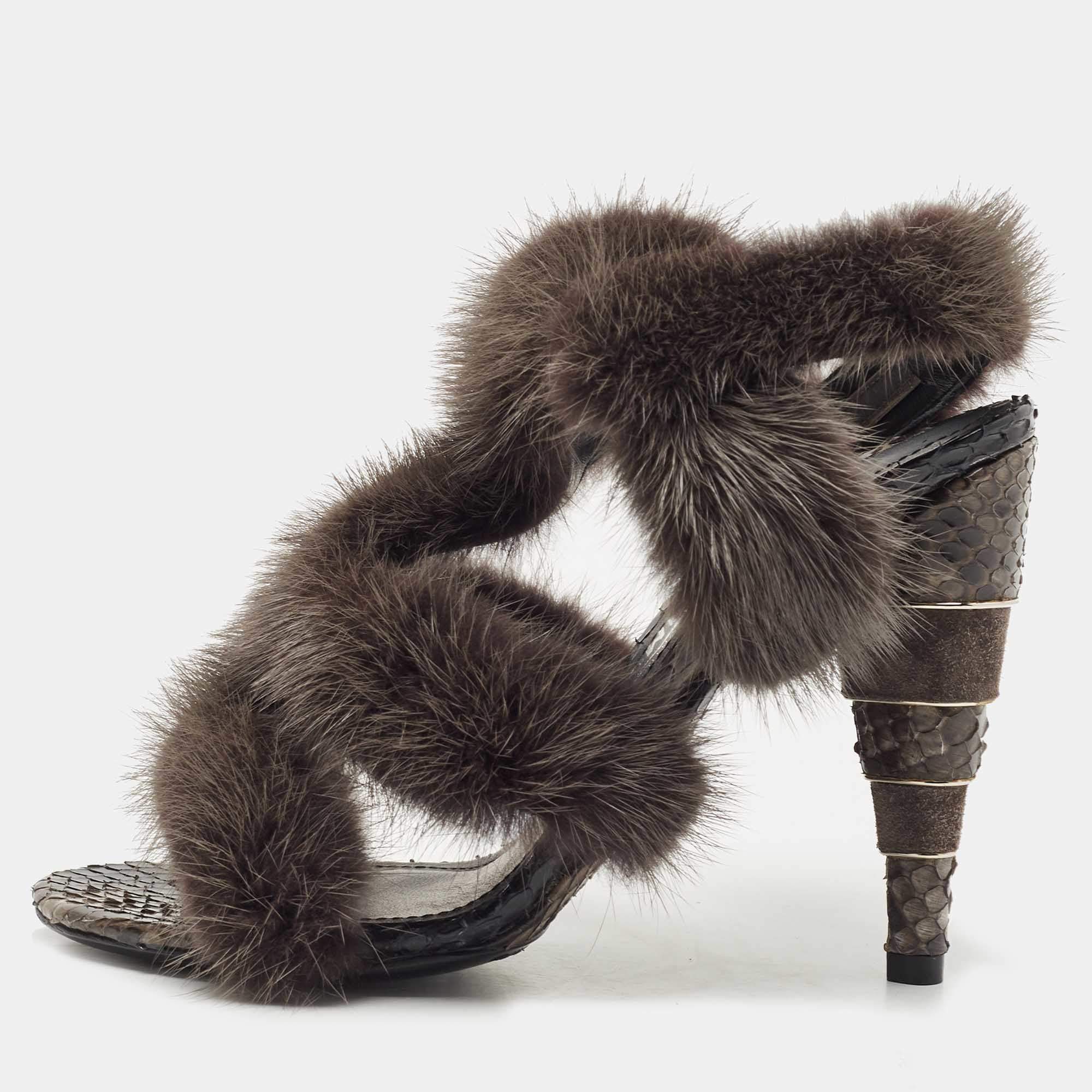 Salvatore Ferragamo Dark Grey Mink Fur and Python Leather Cage  Sandals Size 37