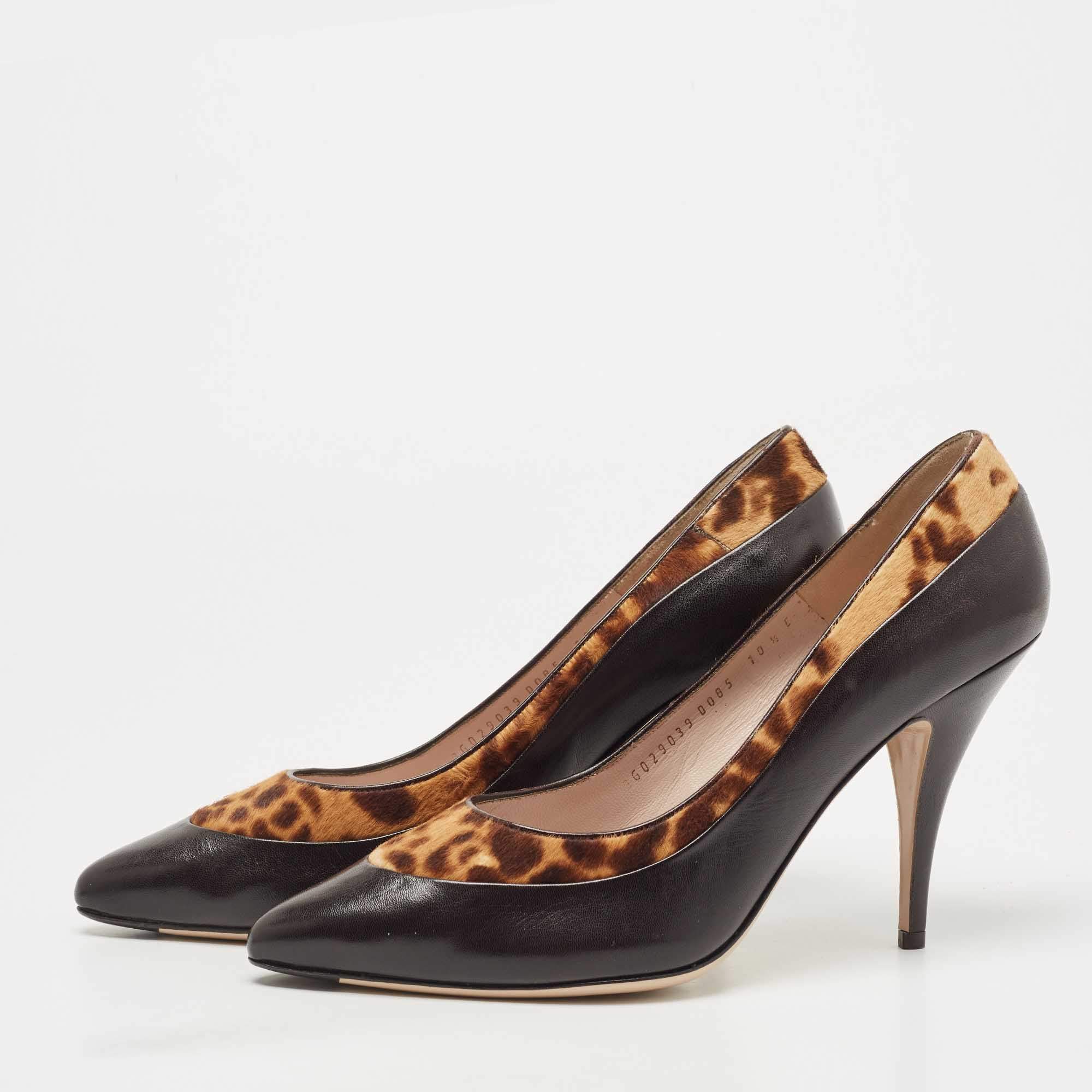 Pre Owned Salvatore Ferragamo Black/Leopard Print Leather Pointed Toe Pumps Size 41