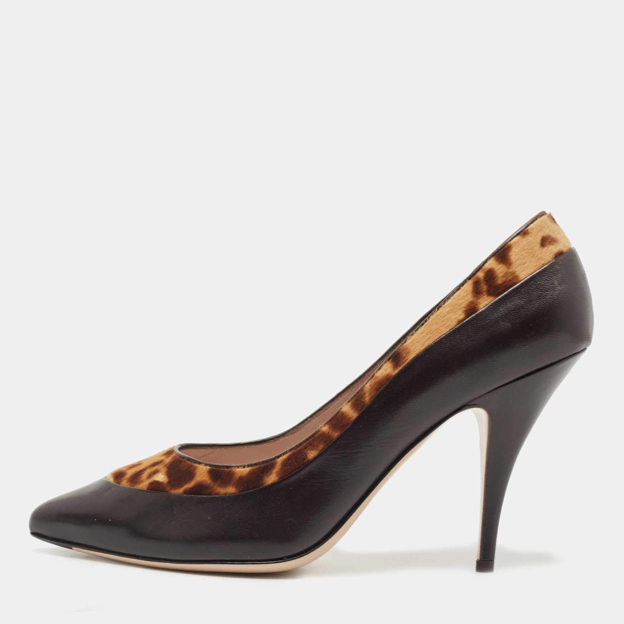 Pre Owned Salvatore Ferragamo Black/Leopard Print Leather Pointed Toe Pumps Size 41