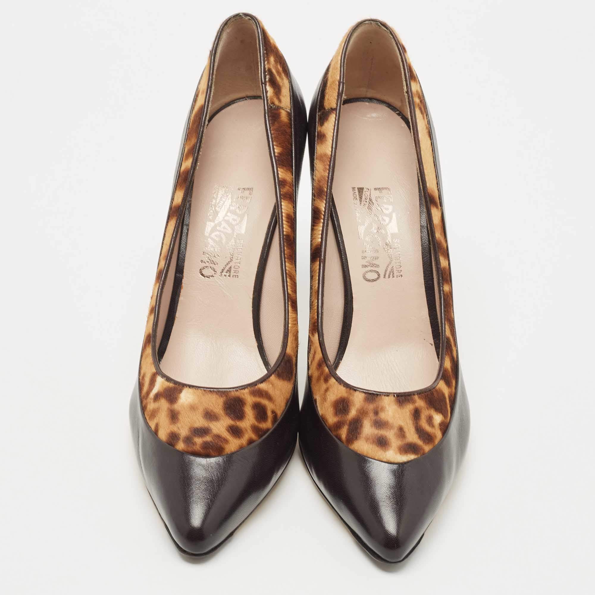 Pre Owned Salvatore Ferragamo Black/Leopard Print Leather Pointed Toe Pumps Size 41