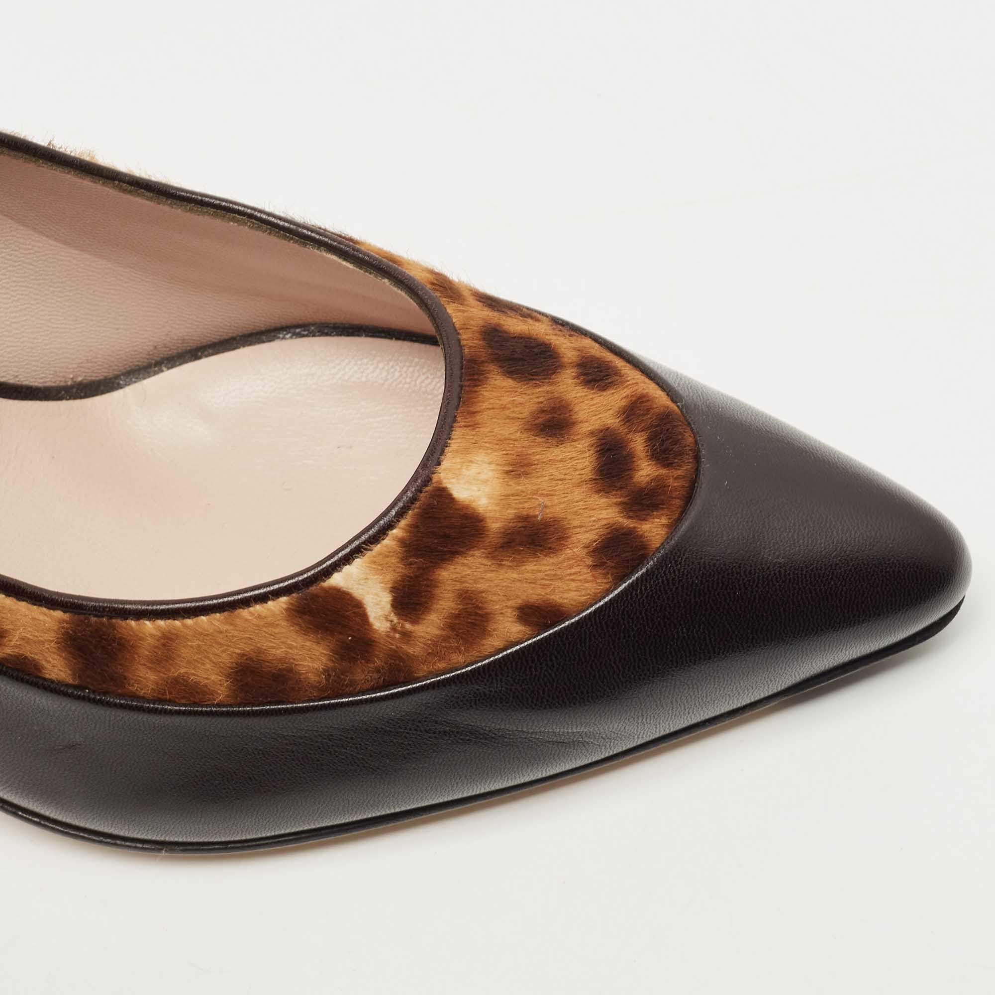 Pre Owned Salvatore Ferragamo Black/Leopard Print Leather Pointed Toe Pumps Size 41