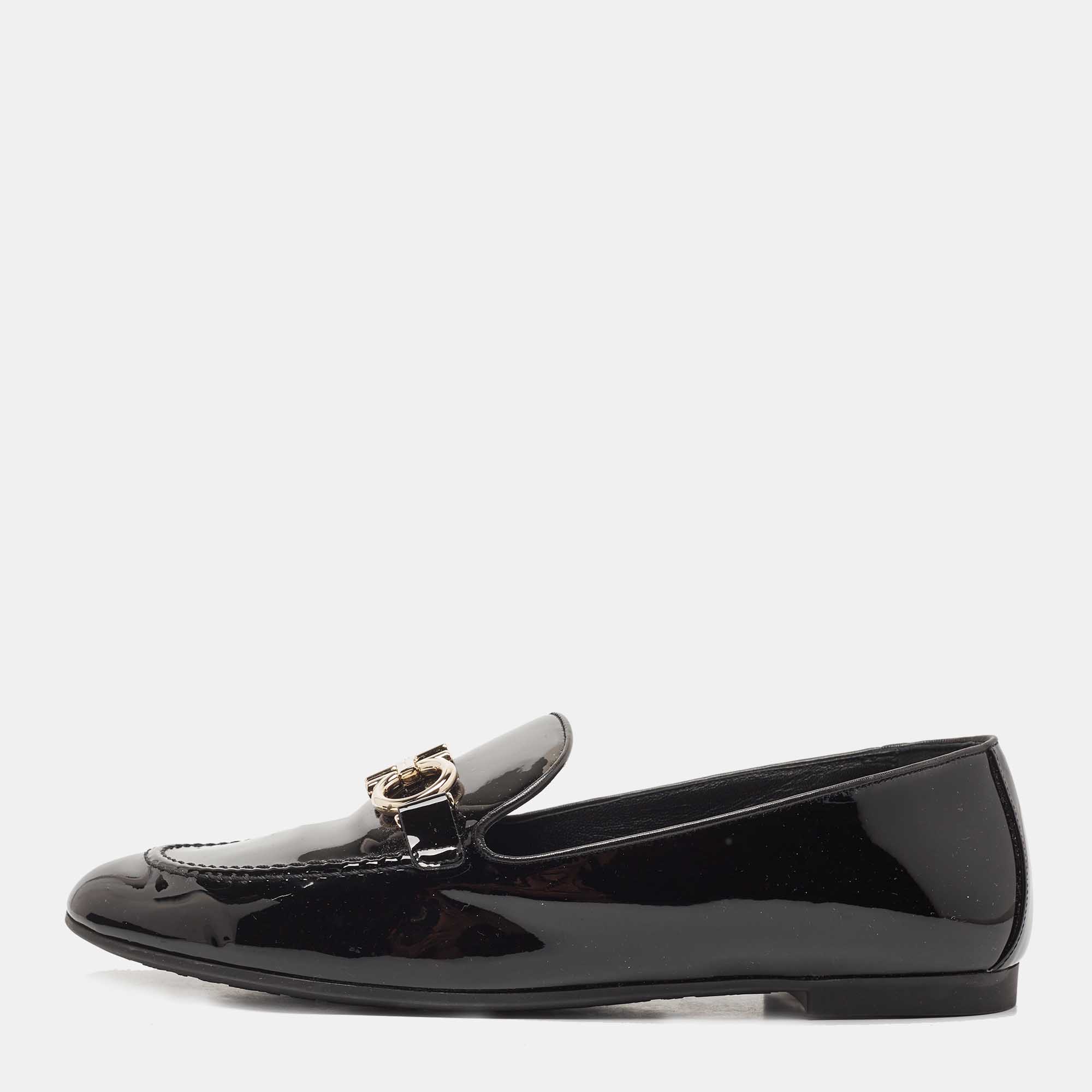 Salvatore Ferragamo Black Patent Leather Trifoglio Smoking Slippers Size 40