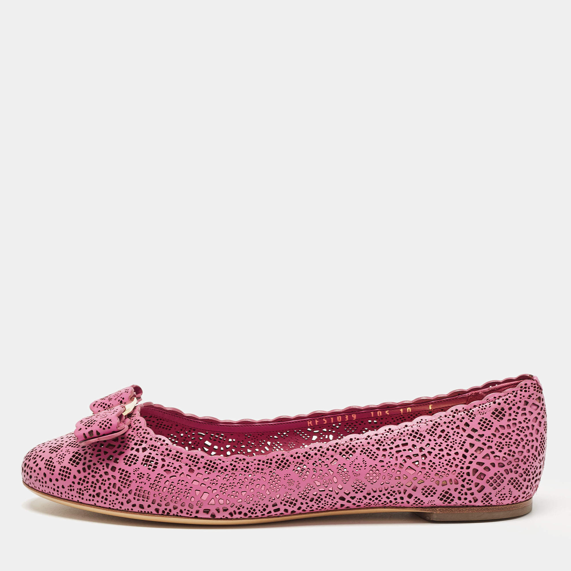 Salvatore Ferragamo Magenta Leather Lasercut Vara Bow Ballet Flats Size 40.5