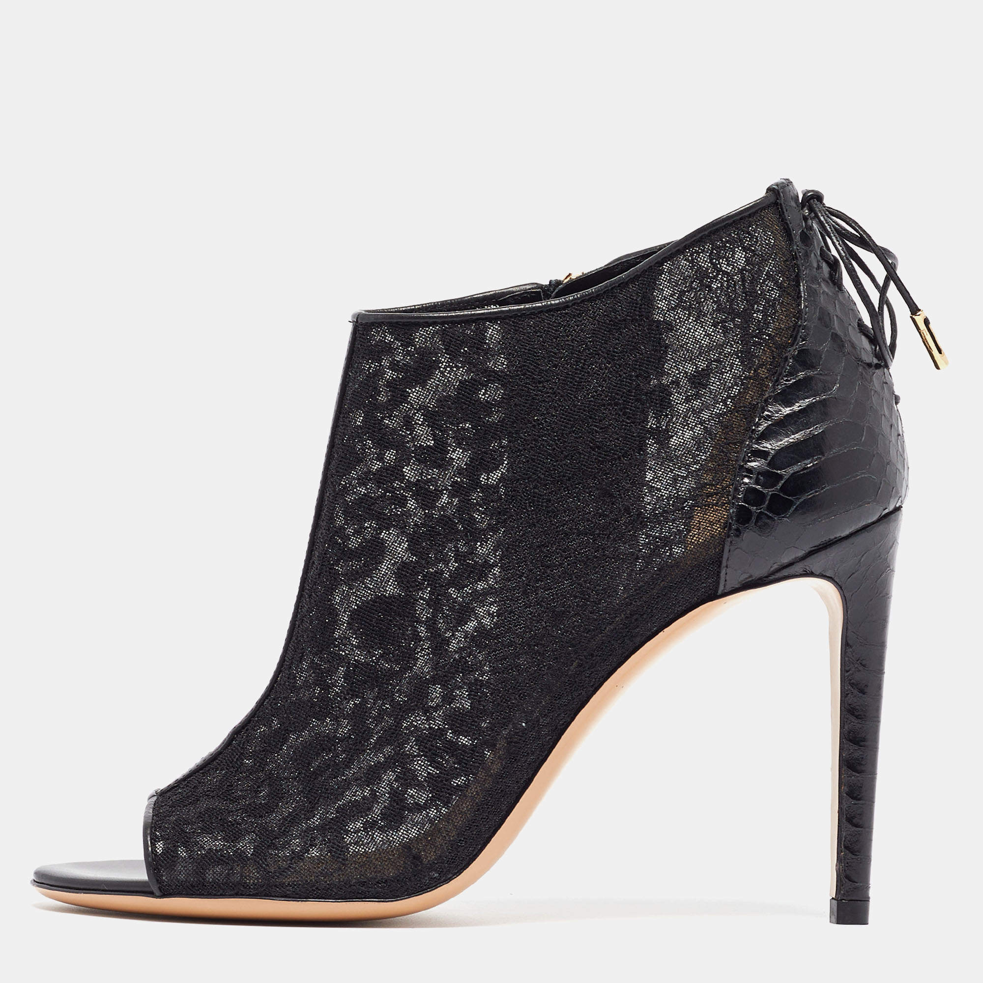 Salvatore Ferragamo Black Python Leather and Lace Nufus Open Toe Ankle Booties Size 36.5