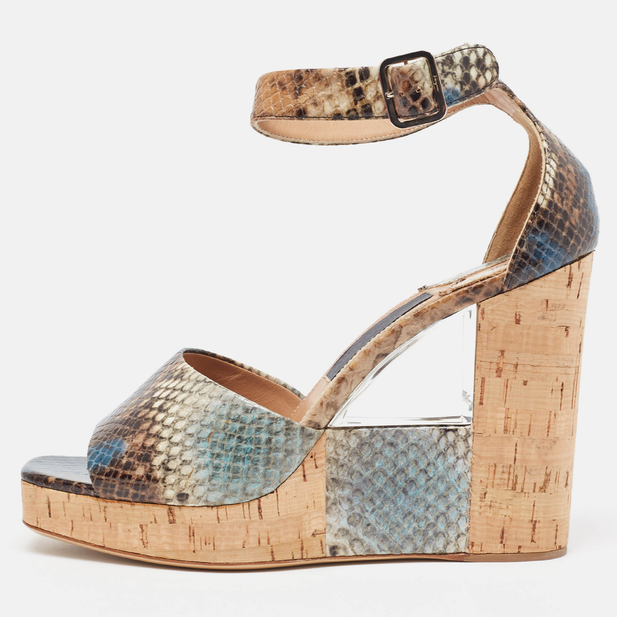 Salvatore Ferragamo Multicolor Python Embossed Ankle Strap Wedge Sandals Size 38