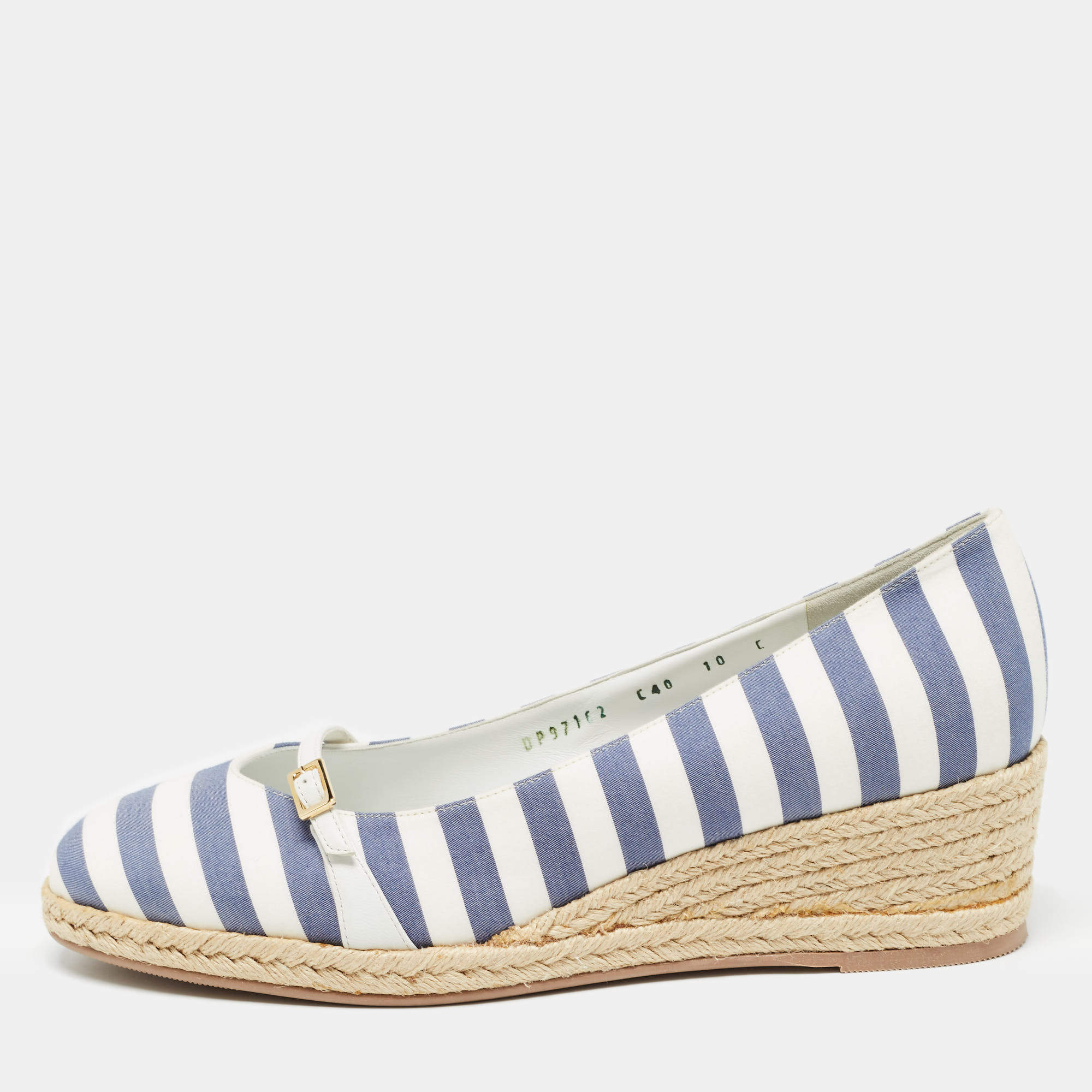 Salvatore Ferragamo Blue/White Striped Fabric Audrey Wedge Espadrille Pumps Size 40.5