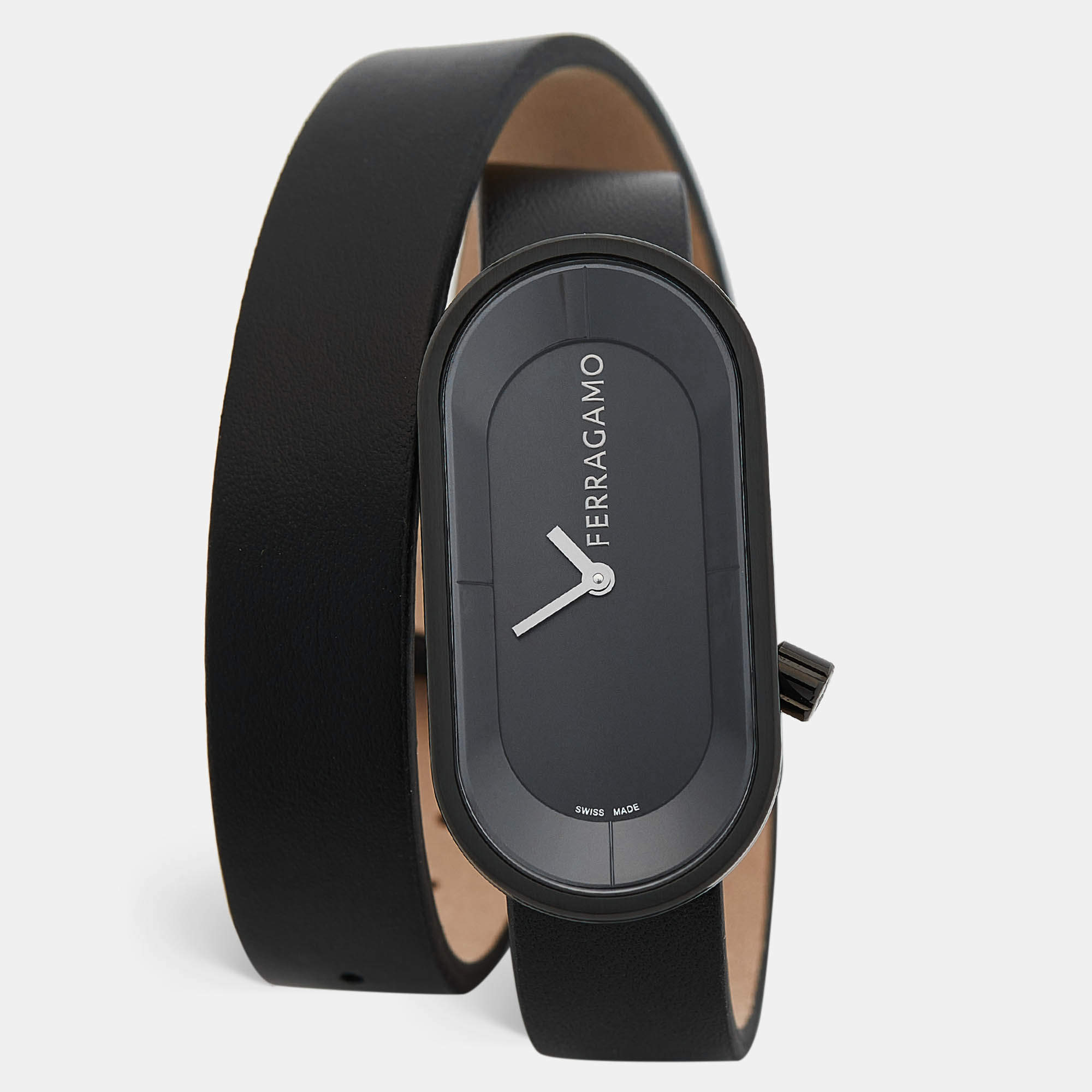 Pre Owned Salvatore Ferragamo Black PVD Coated Stainless Steel Leather Curve SFK300423 Women's Wristwatch 23 mm