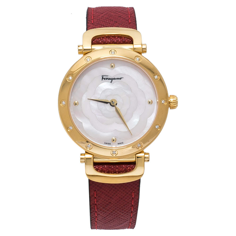 Pre Owned Salvatore Ferragamo Pink Mother Of Pearl Gold Plated Stainless Steel Leather Diamond Style SFDM Women's Wristwatch 34 mm