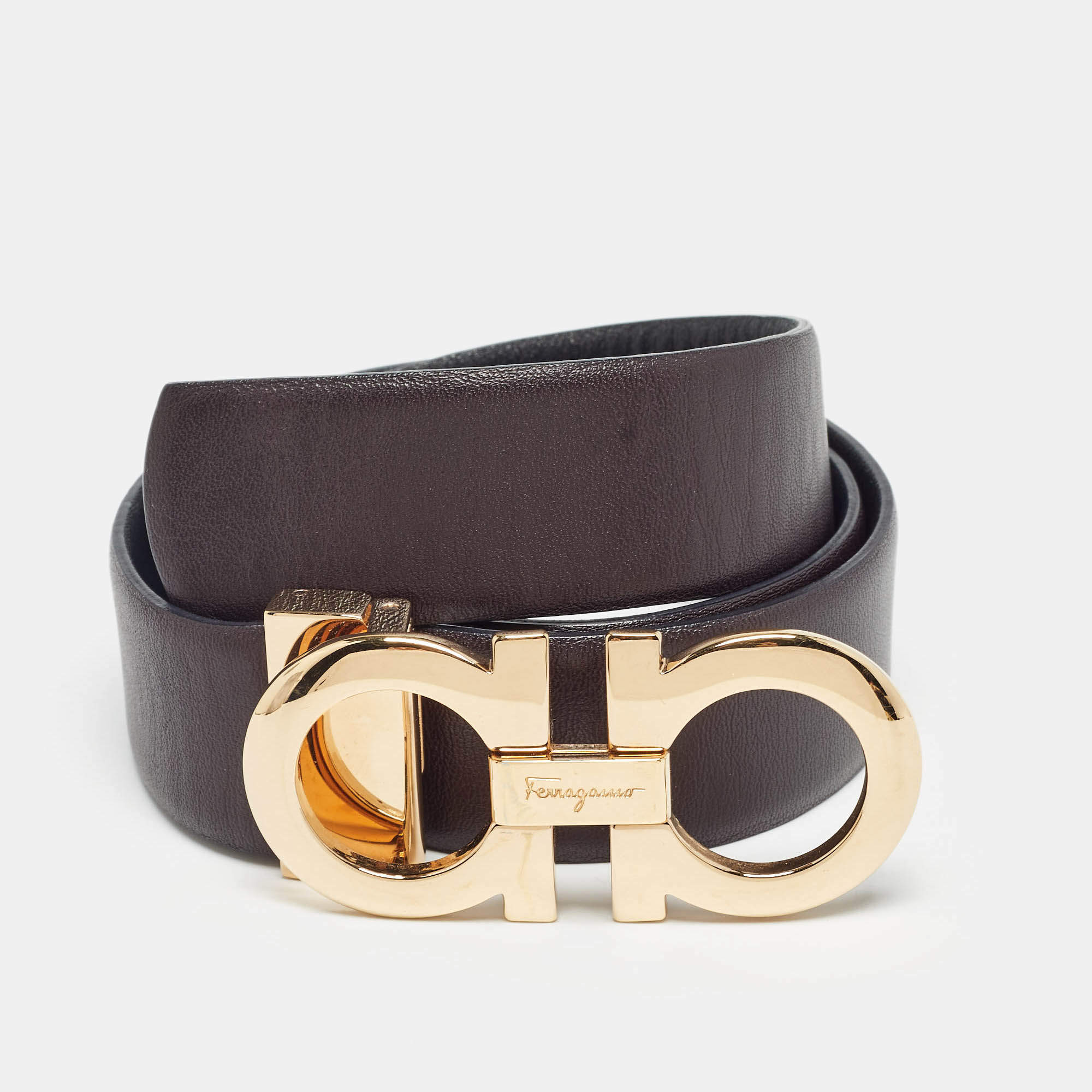 Salvatore Ferragamo Black/Burgundy Leather Gancini Buckle Reversible Cut to Size Belt