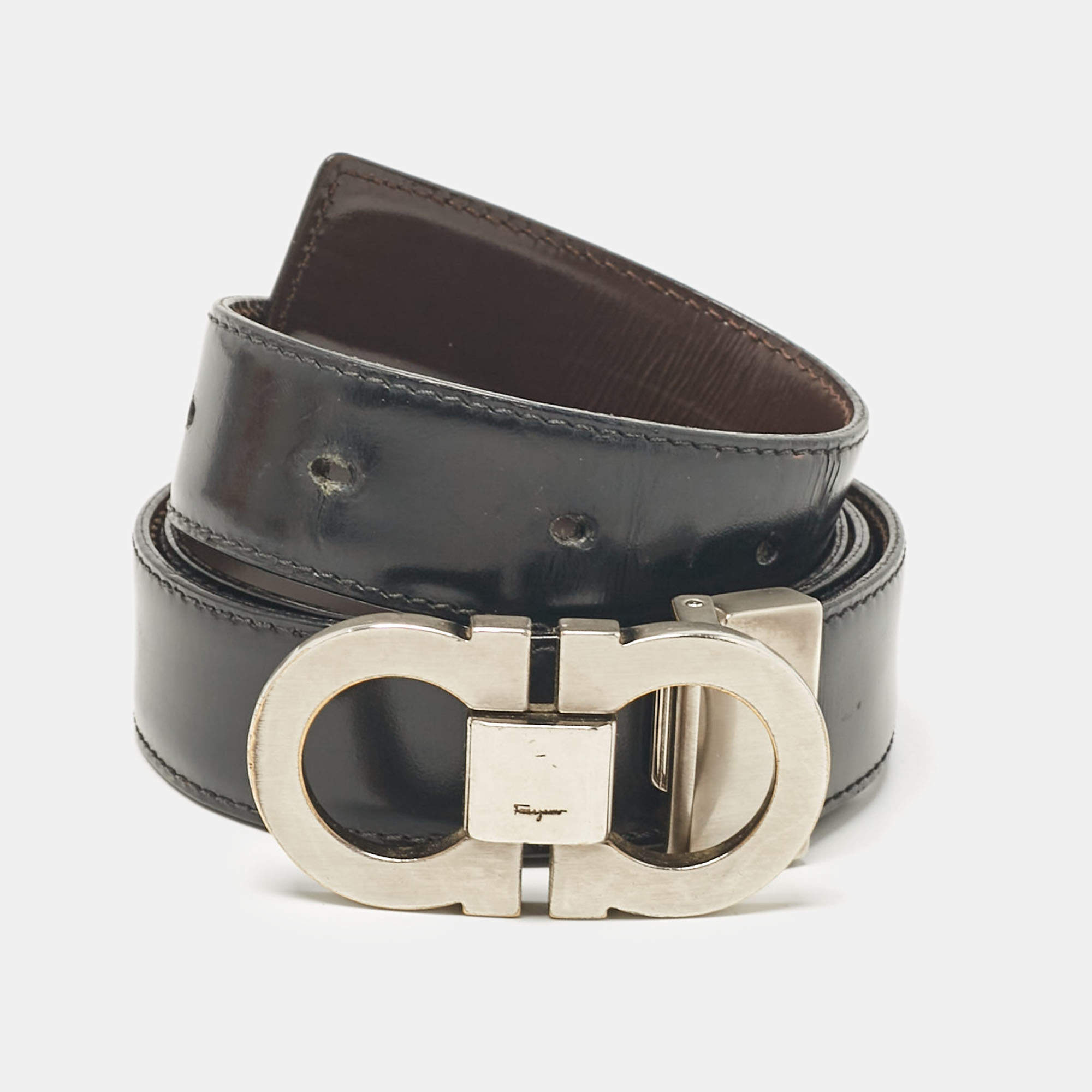 Salvatore Ferragamo Black/Brown Leather Gancini Buckle Reversible Cut to Size Belt