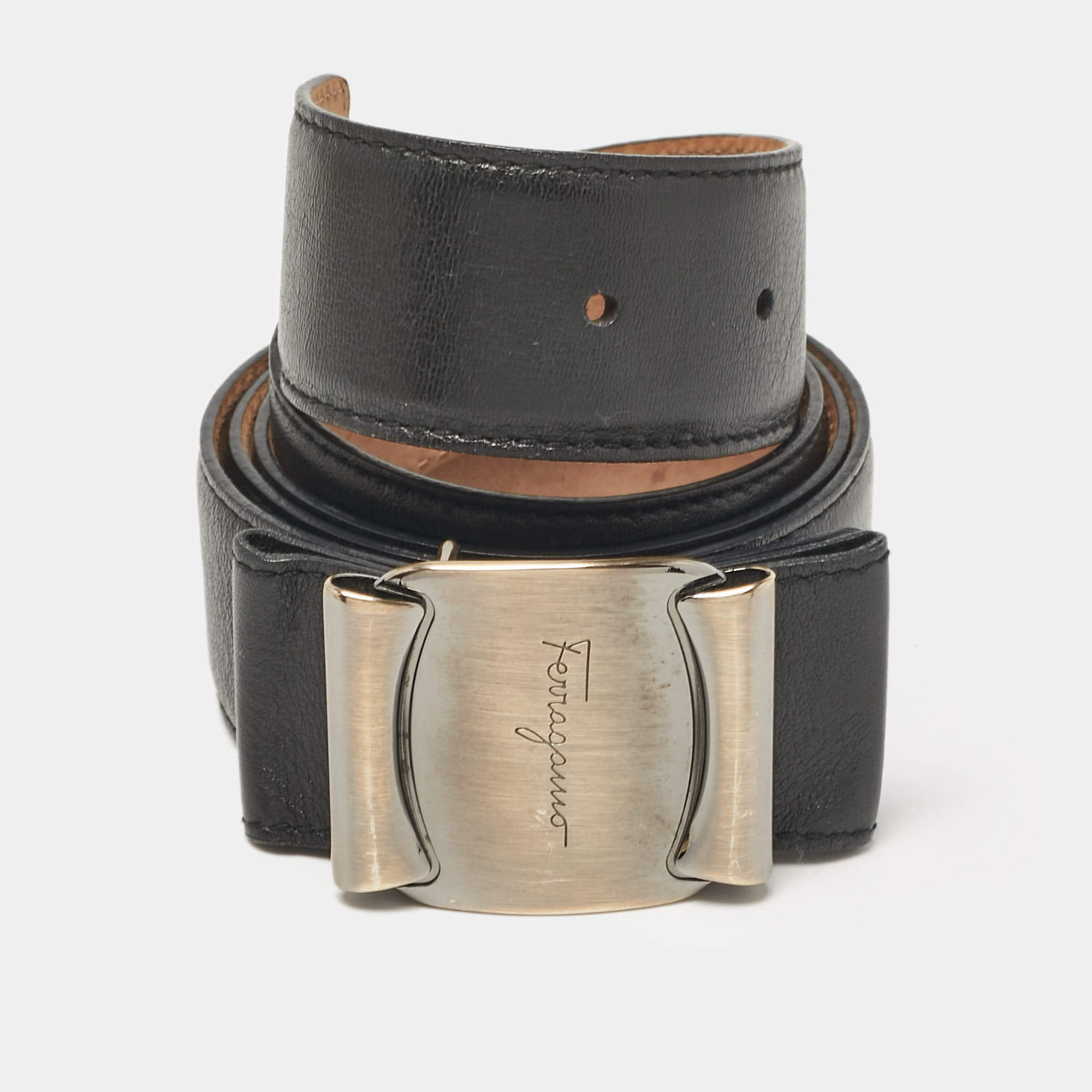 Pre Owned Salvatore Ferragamo Black Leather Metal Bow Belt 90CM