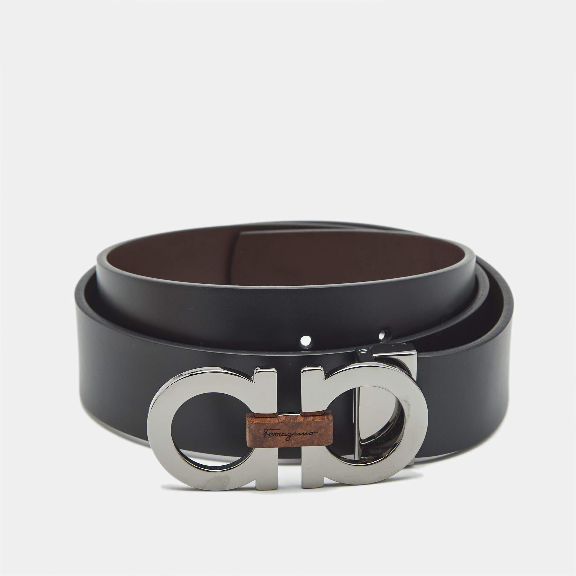 Pre Owned Salvatore Ferragamo Black/Brown Leather Gancini Buckle Cut to Size Belt