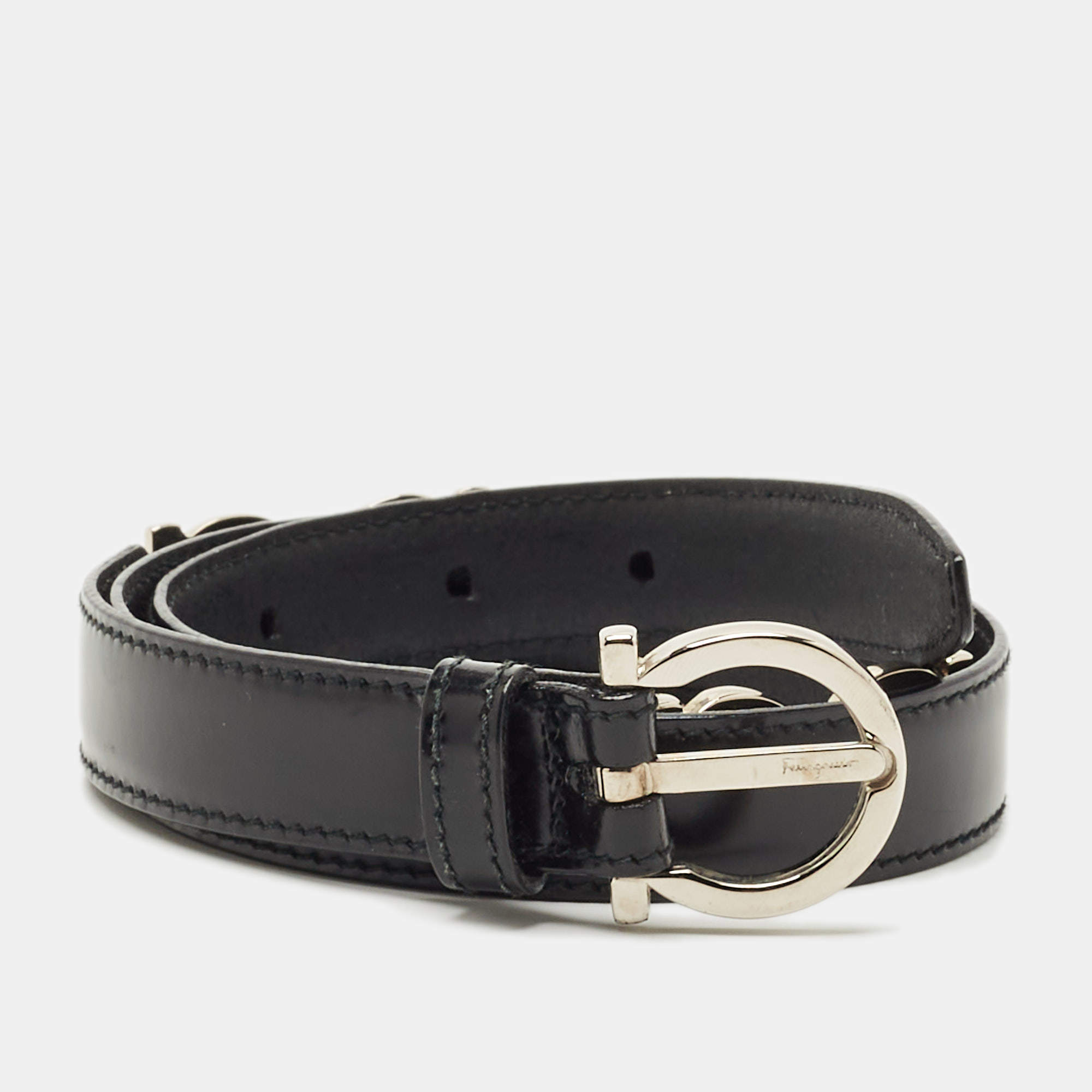 Pre Owned Salvatore Ferragamo Black Leather Gancini Buckle Belt 75CM