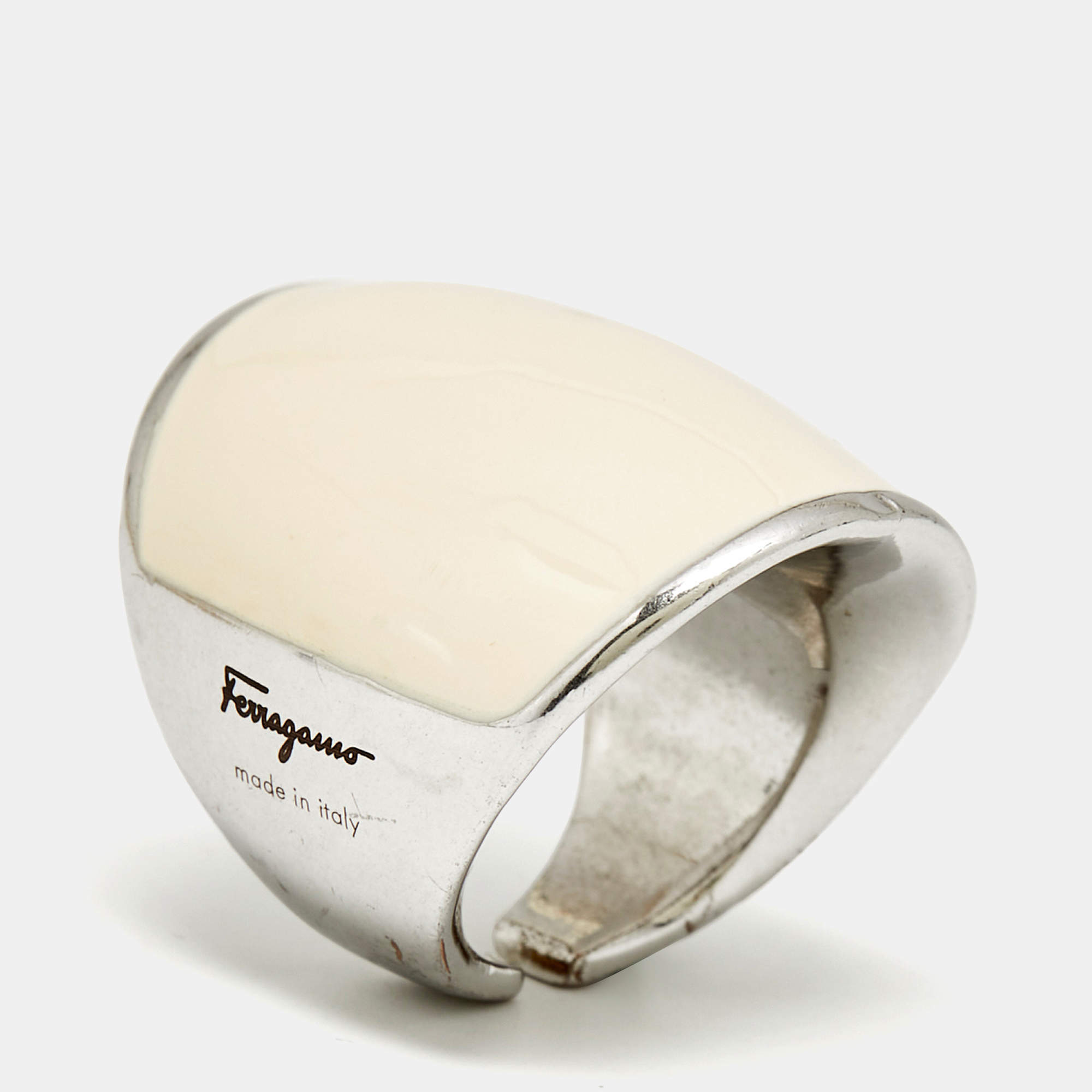 Pre Owned Salvatore Ferragamo White Enamel Silver Tone Ring Size 54