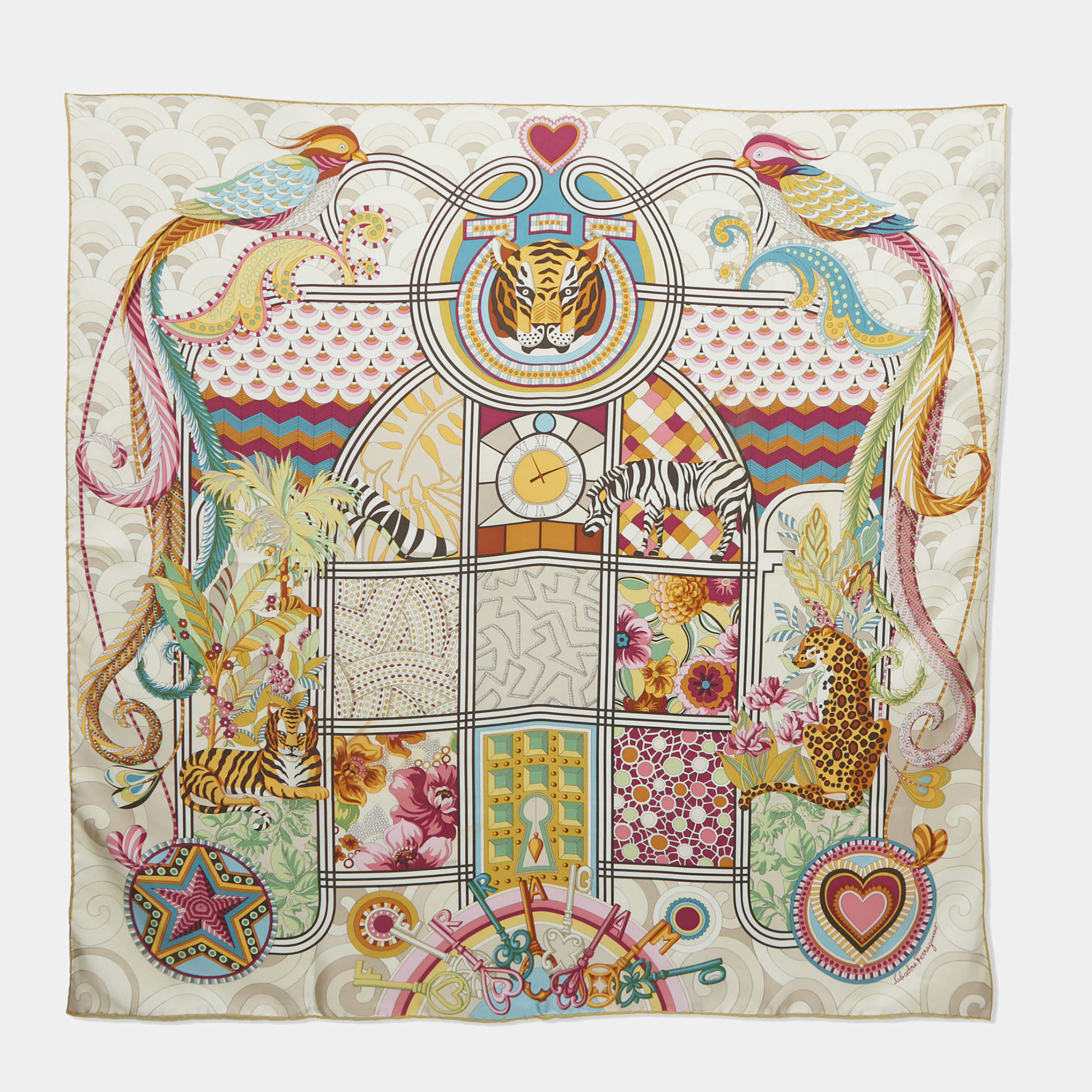 Pre Owned Salvatore Ferragamo Multicolor Printed Silk Square Scarf 