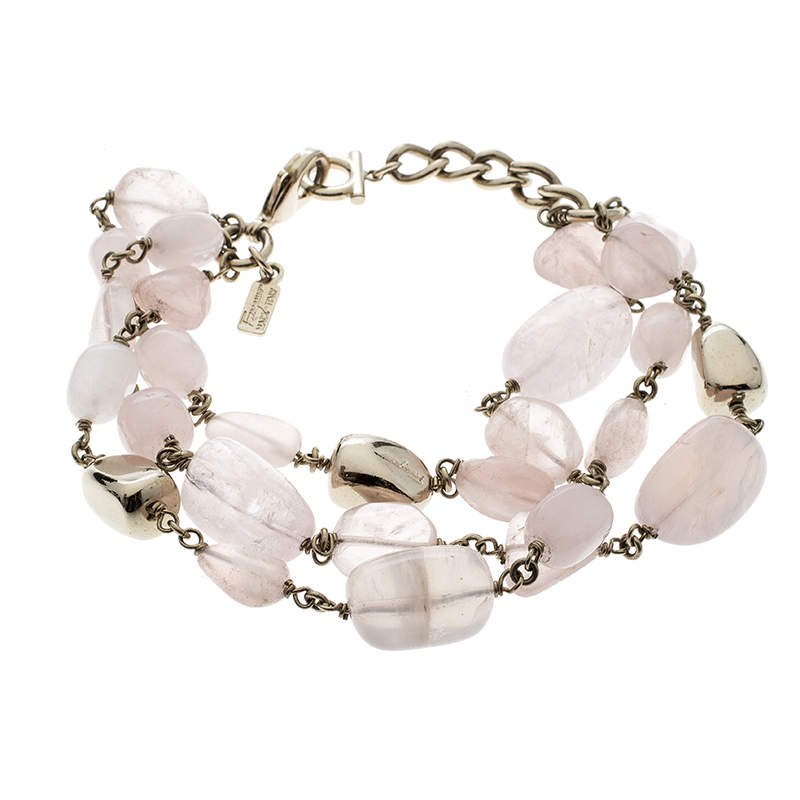 Pre Owned Salvatore Ferragamo Tumbled Rose Quartz Gold Tone Bead Bracelet