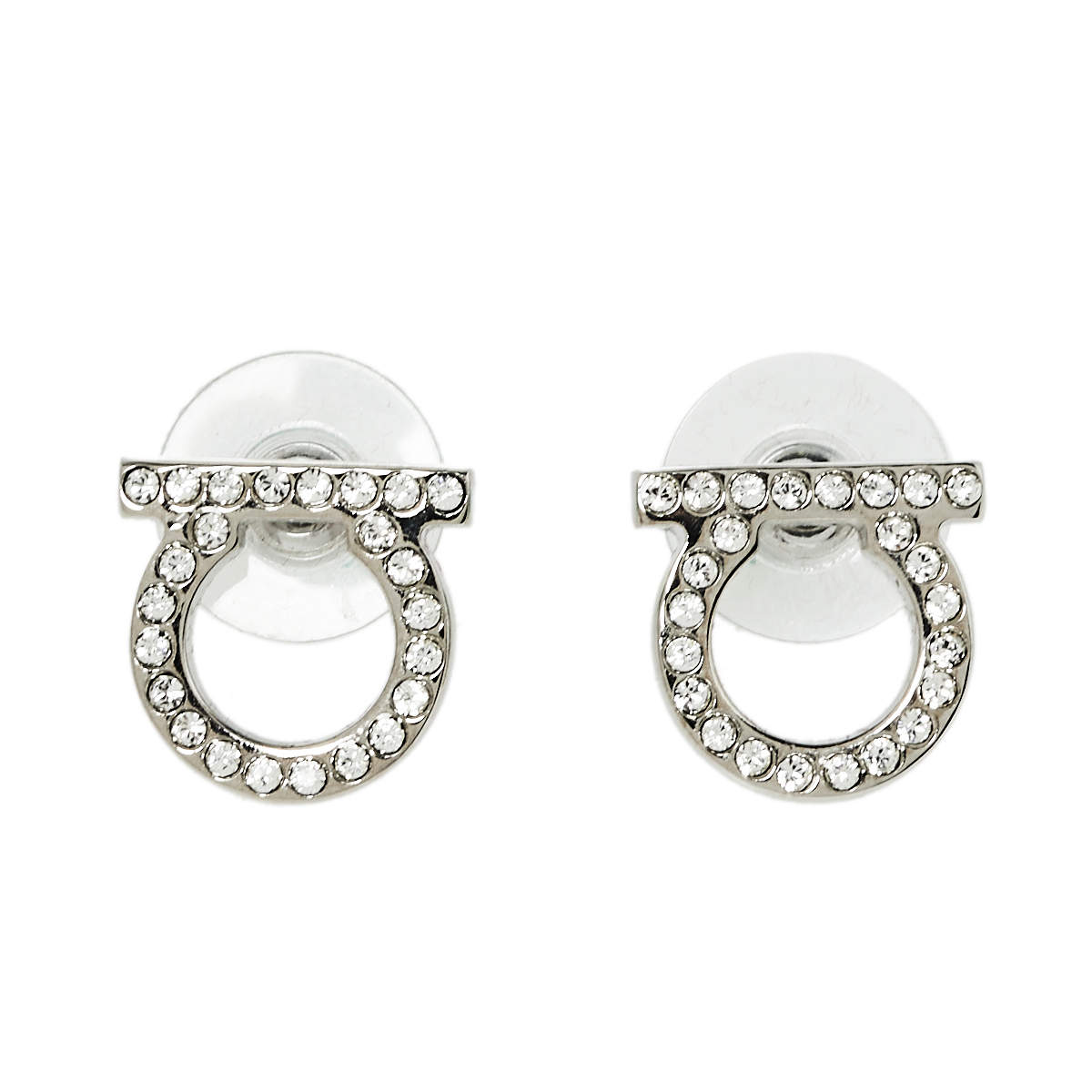 Pre Owned Salvatore Ferragamo Silver Tone Crystal Gancini Stud Earrings