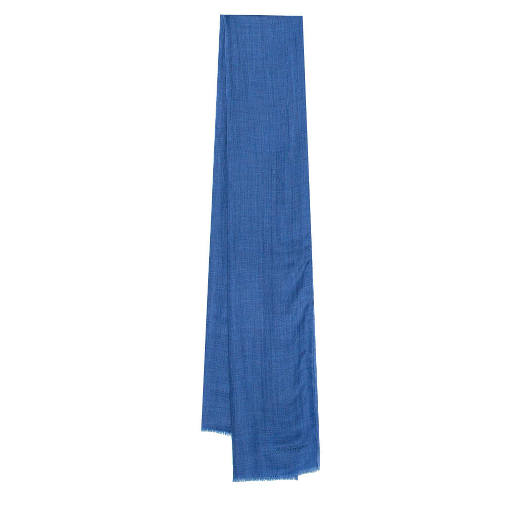 Pre Owned Salvatore Ferragamo Blue Logo Embroidered Cashmere Scarf